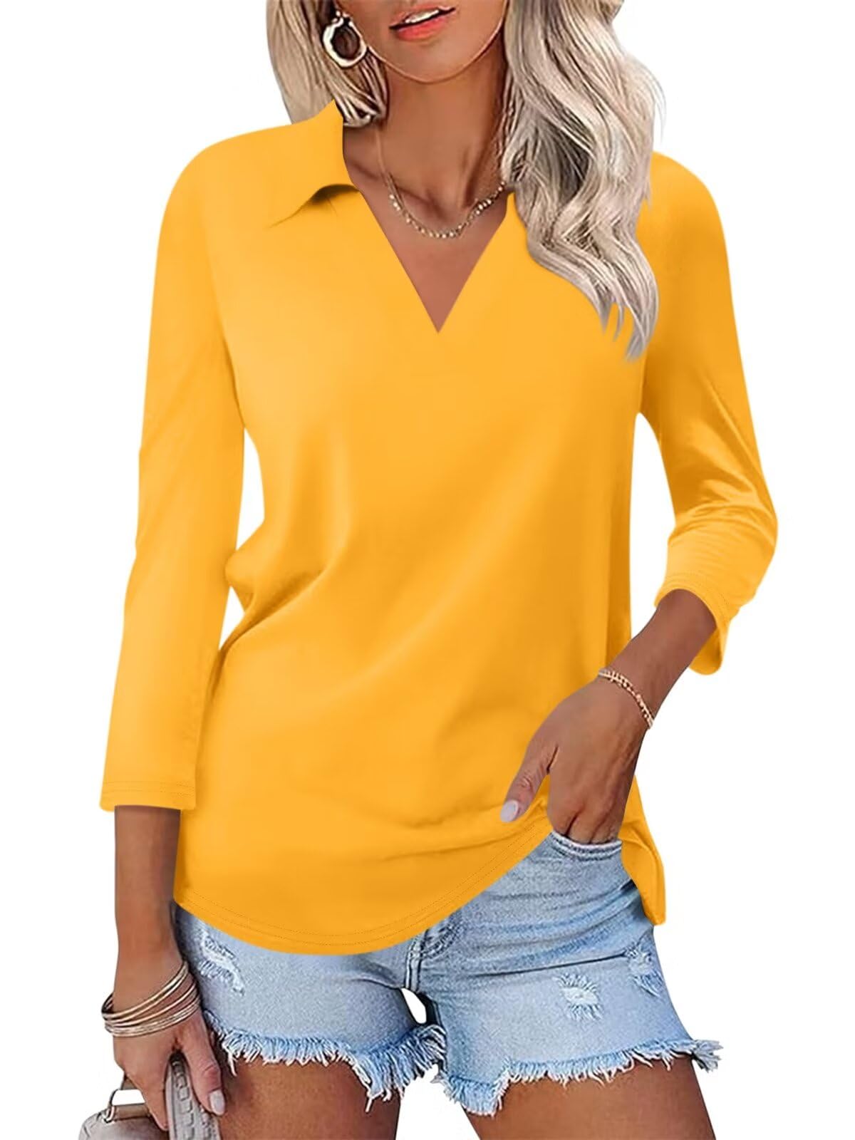 ORANDESIGNE Women's 3/4 Sleeve V-Neck Polo Shirt - Casual Summer Tops with Collar - Cute Basic Tee for Work, Golf & Everyday Wear