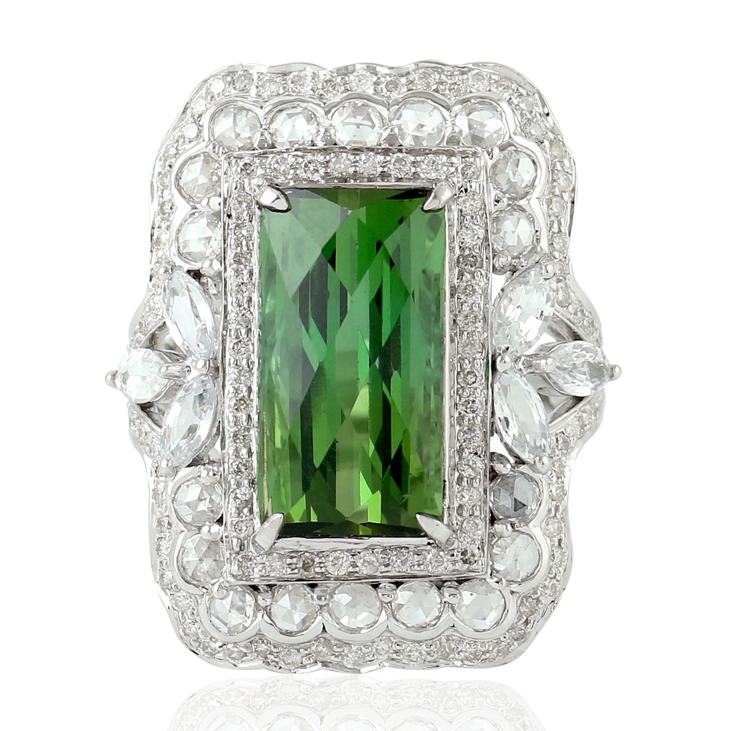 Exquisite Green Tourmaline & Rose Cut Diamond Cocktail Ring in 14K White Gold - Perfect for Evening Parties, Weddings & Special Occasions