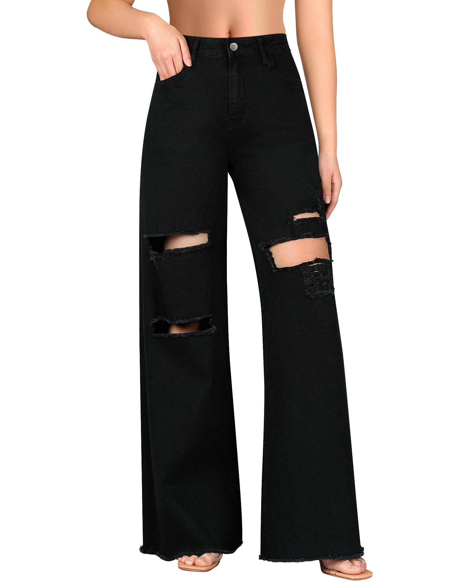 Roswear Women's High Waist Stretch Ripped Boyfriend Jeans - Loose Fit Baggy Denim Pants with Distressed Details (Style 6087) | Perfect for Casual Outfits, Streetwear & Everyday Comfort