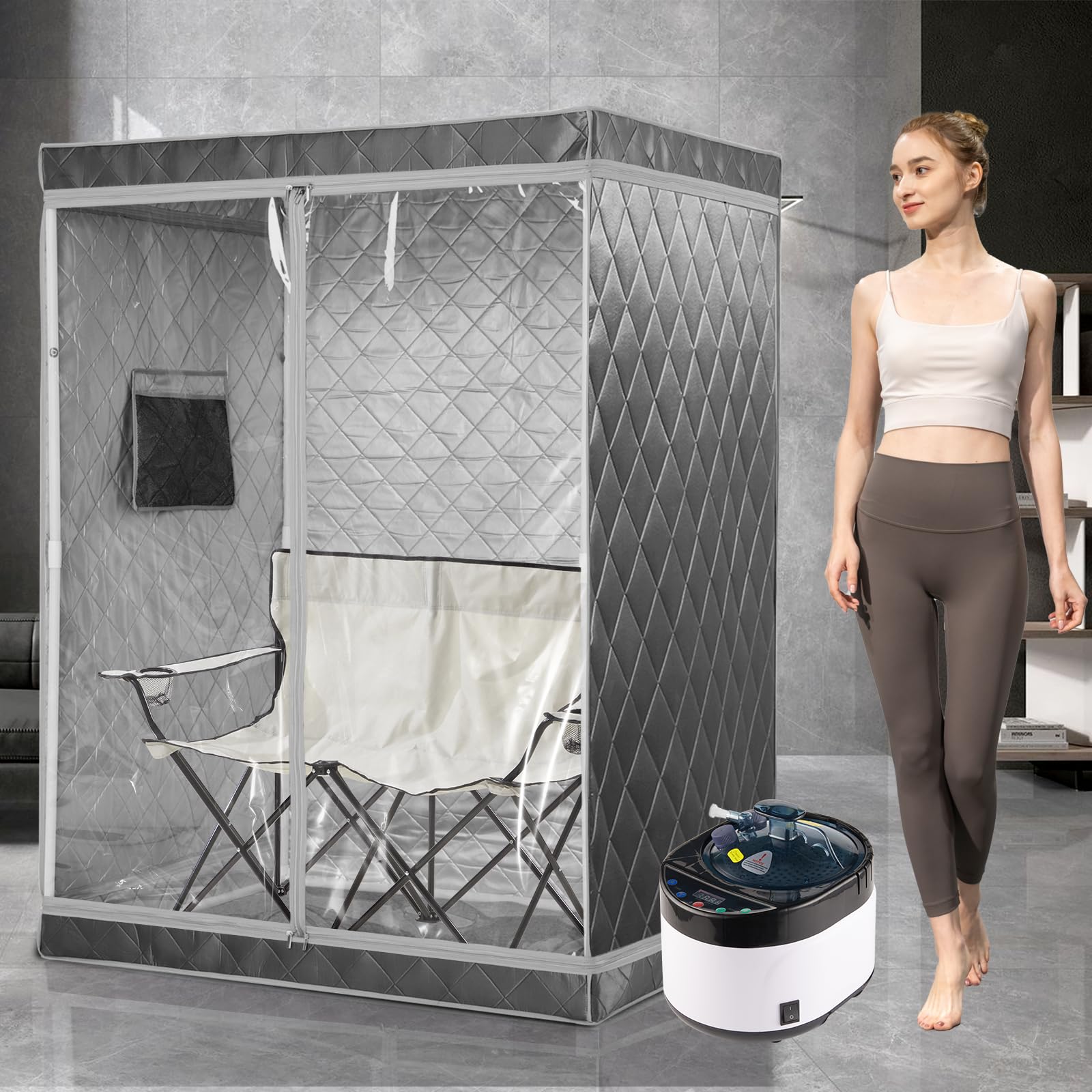 Full Size 2 Person Portable Steam Sauna Tent for Home - Foldable Chair Included (Grey) | Relaxation & Detox | Perfect for Home Spa, Yoga Recovery & Stress Relief
