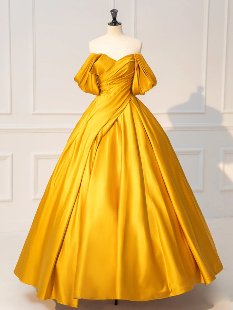 Elegant Off-Shoulder A-Line Yellow Satin Prom Dress - Long Formal Evening Gown for Homecoming, Wedding Guest & Special Occasions
