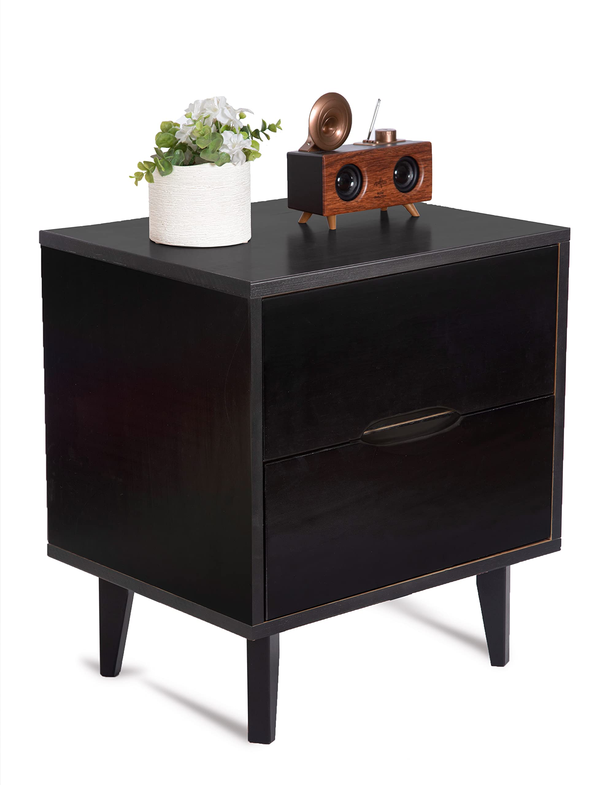 Mid Century Modern Nightstand with Grooved Handle, 2 Drawers & Shelf - Black Wood Bedside Table for Bedroom Storage | Perfect for Small Spaces, Guest Rooms & Apartment Living