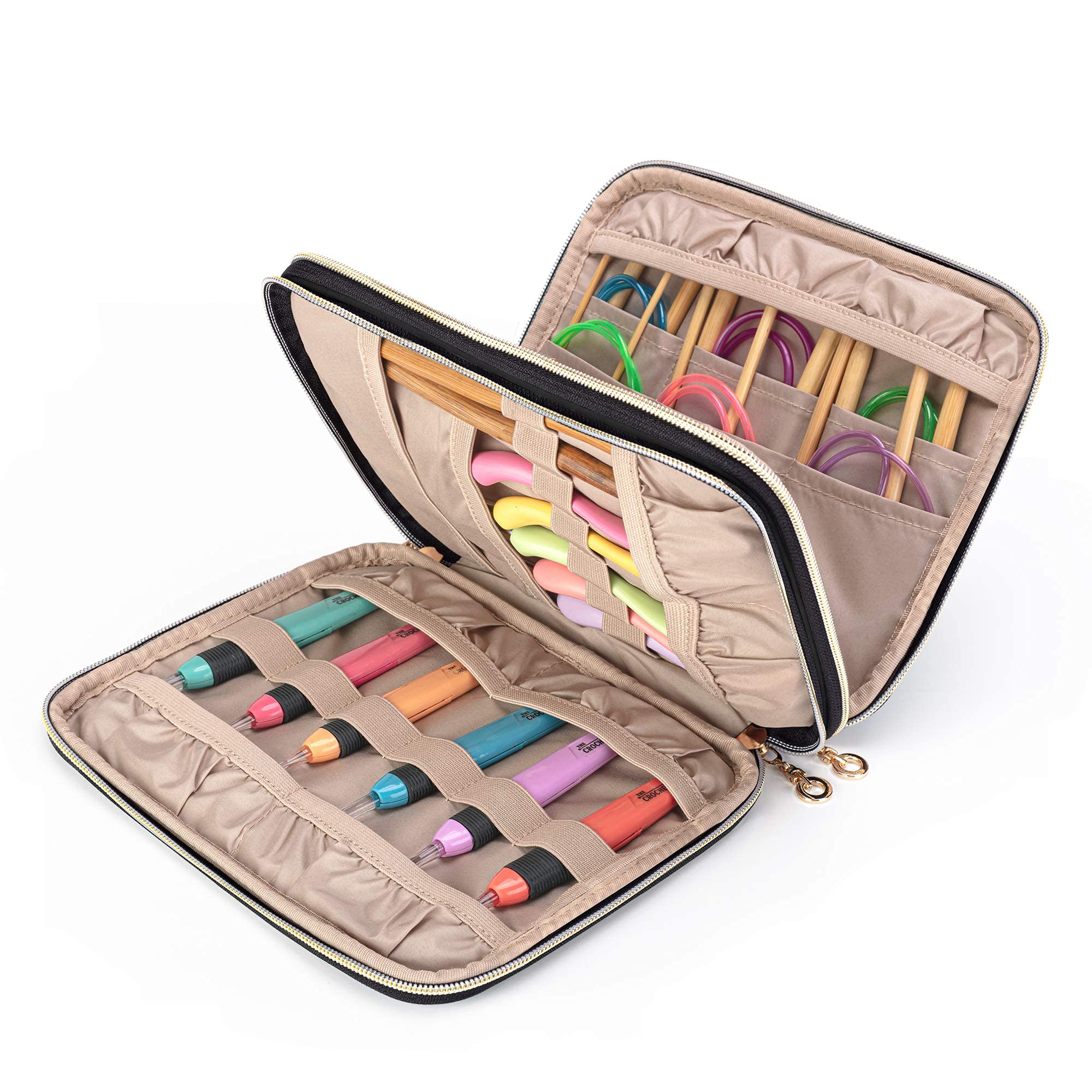 Crochet Hook Case & Knitting Needle Bag - Travel Organizer for Crafting Accessories (Black)