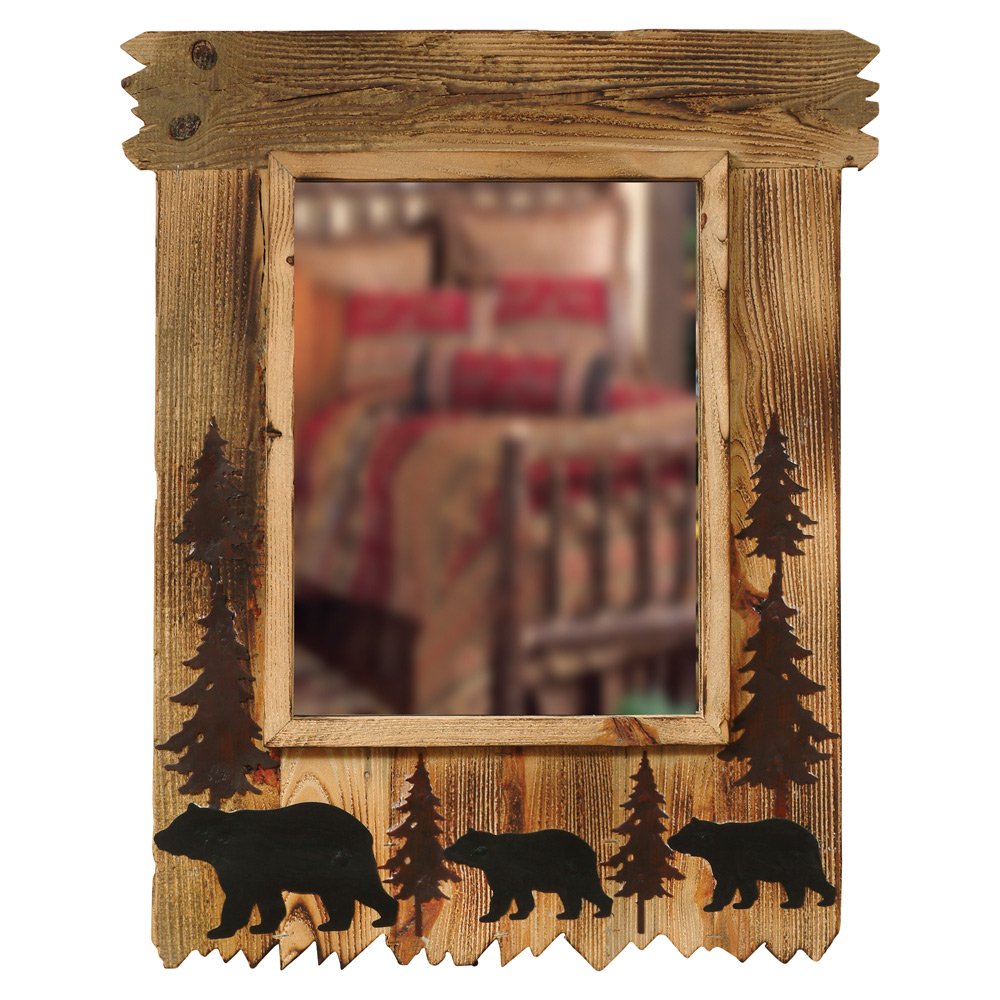 Rustic Wood Mirror with Bear Silhouettes - Black Forest Lodge Style Wall Decor for Cabin, Hunting Lodge & Mountain Home Décor