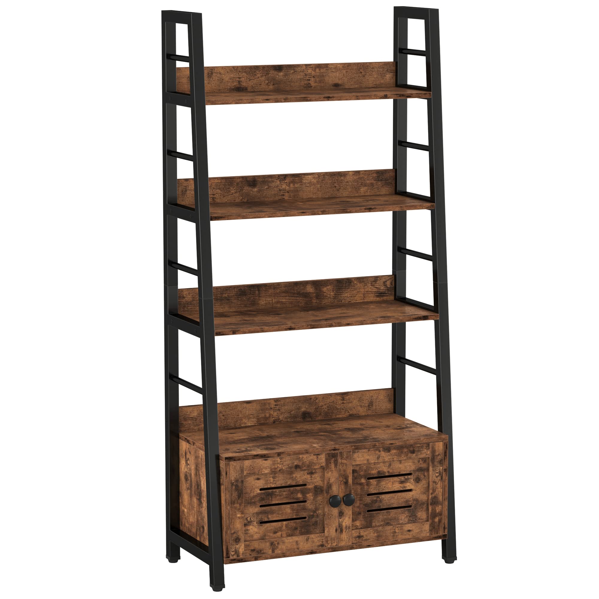 IRONCK 3-Tier Ladder Bookshelf with Louvered Cabinet Doors - Industrial Rustic Brown Accent Furniture for Bedroom, Living Room & Home Office - Perfect for Small Space Storage & Display