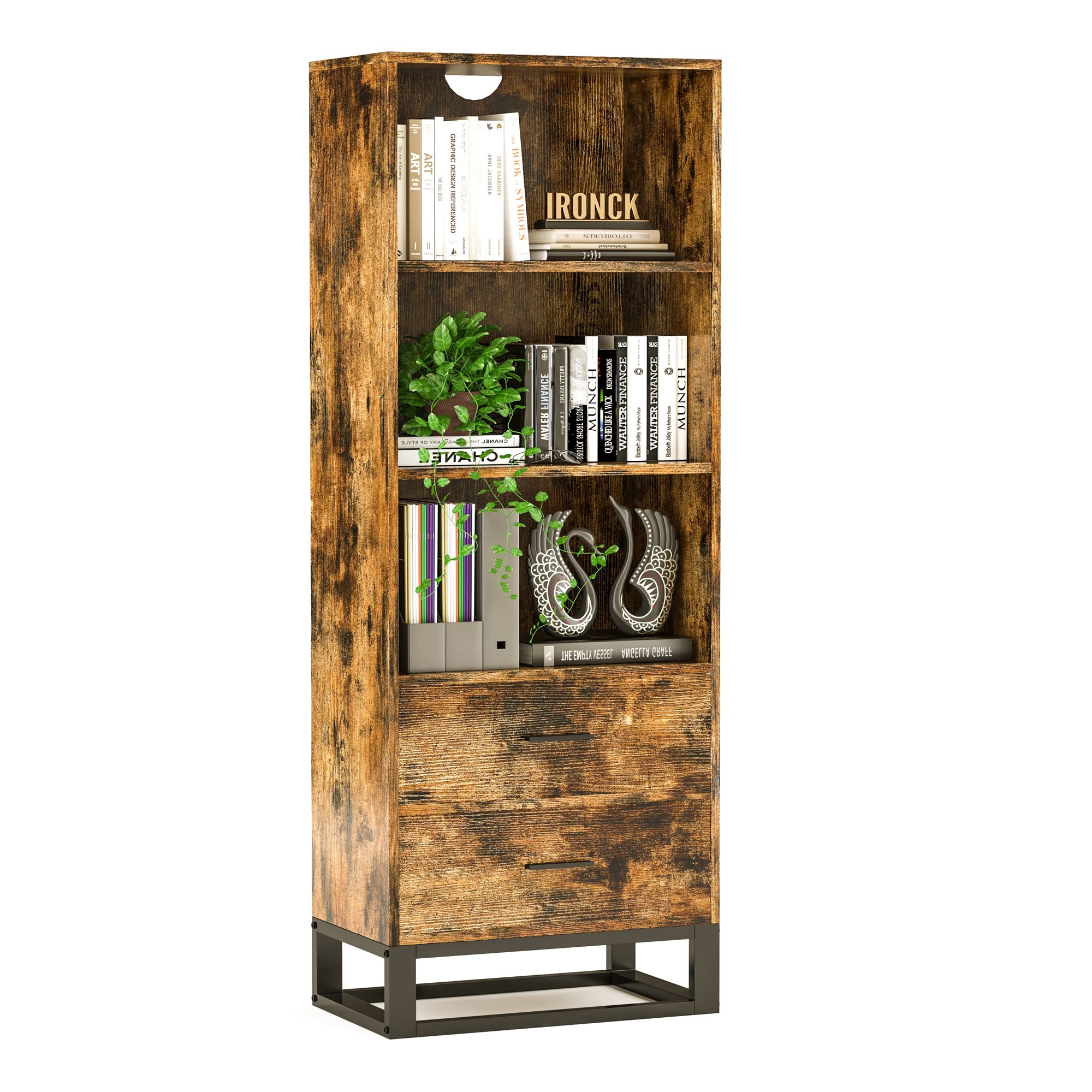 IRONCK 3-Tier Bookcase with Drawers - Vintage Brown Small Bookshelf for Living Room, Office & Library - Storage Cabinet for Books, Photos & Decor - Perfect for Home Organization & Displaying Collectibles