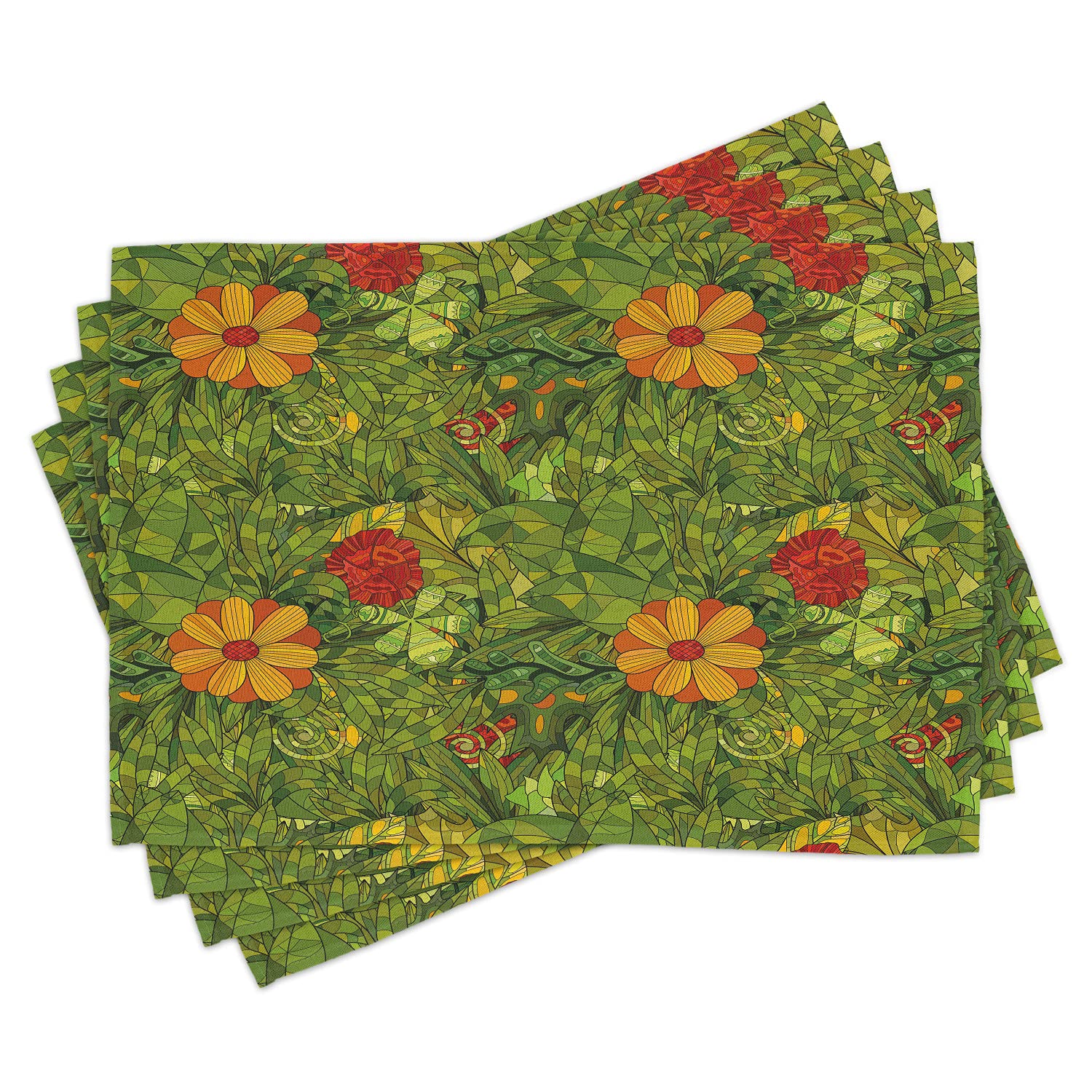 Ambesonne Floral Place Mats Set of 4 - Washable Fabric Table Mats with Funky Flower Foliage & Retro Jungle Design for Dining Room & Kitchen Decor in Vermilion, Marigold & Olive Green | Perfect for Dinner Parties, Holiday Gatherings & Everyday Use