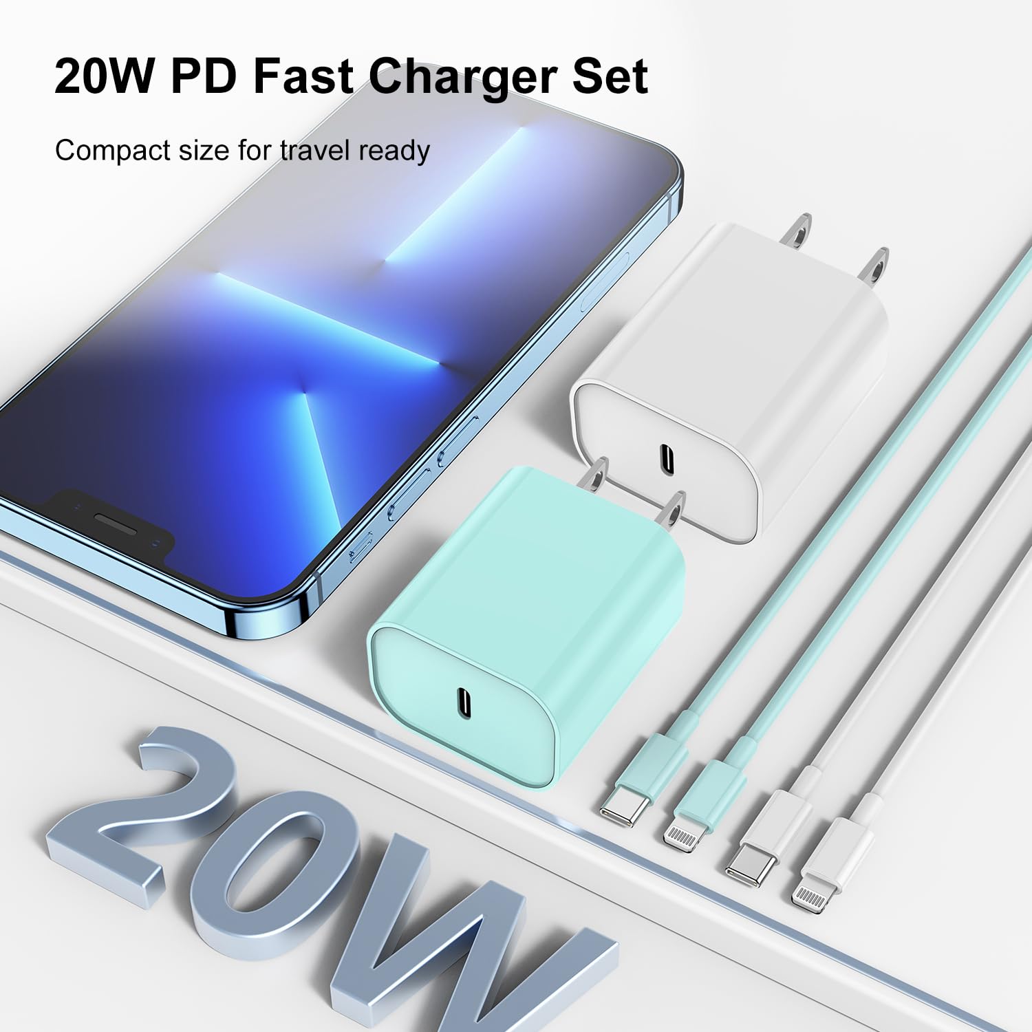 Fast Charging USB C to Lightning Cable (6FT+10FT) - 20W USB C Charger Block & Long iPhone Charger for iPhone 14/13/12 Pro Max - Perfect for Home, Office & Travel (White+Green)