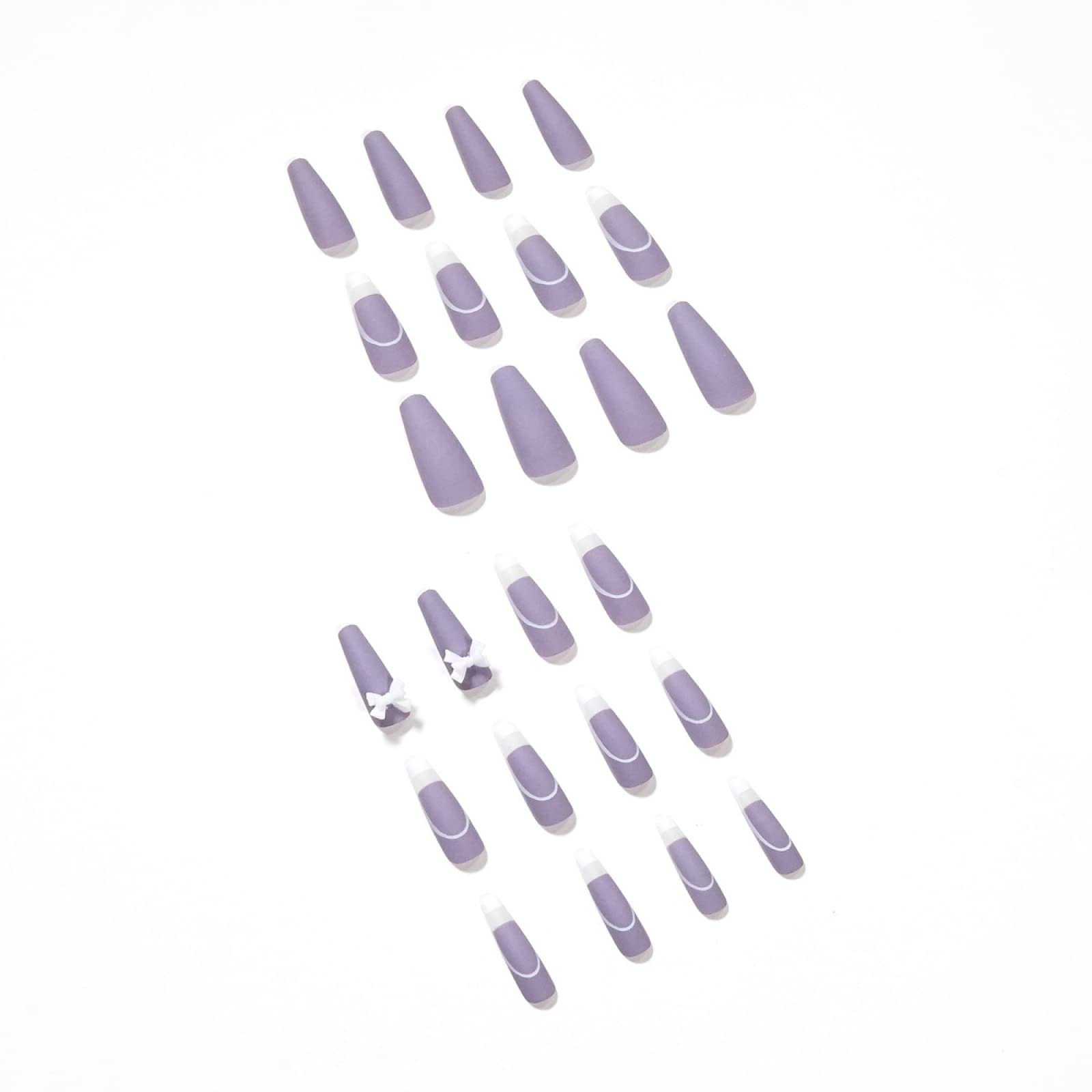 Rattan Purple French Bow Press-On False Nails - Durable & Easy Manicure - Fake Nails with Bow Design - Removable Nail Stickers for Parties, Weddings & Special Occasions