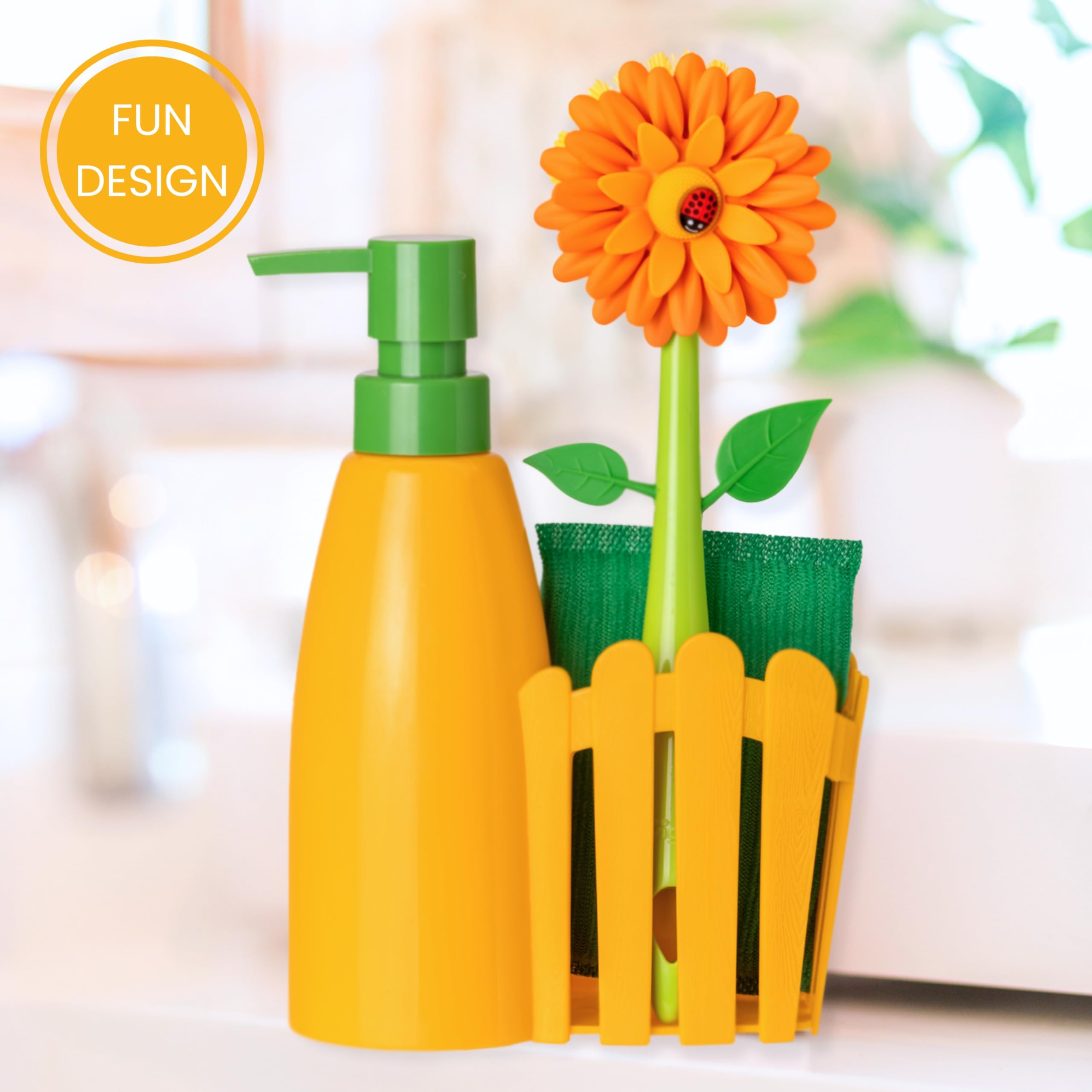 Vigar Flower Power Kitchen Soap Dispenser Set with Sponge Caddy & Dish Brush | Orange & Green Sink Organizer for Efficient Dishwashing