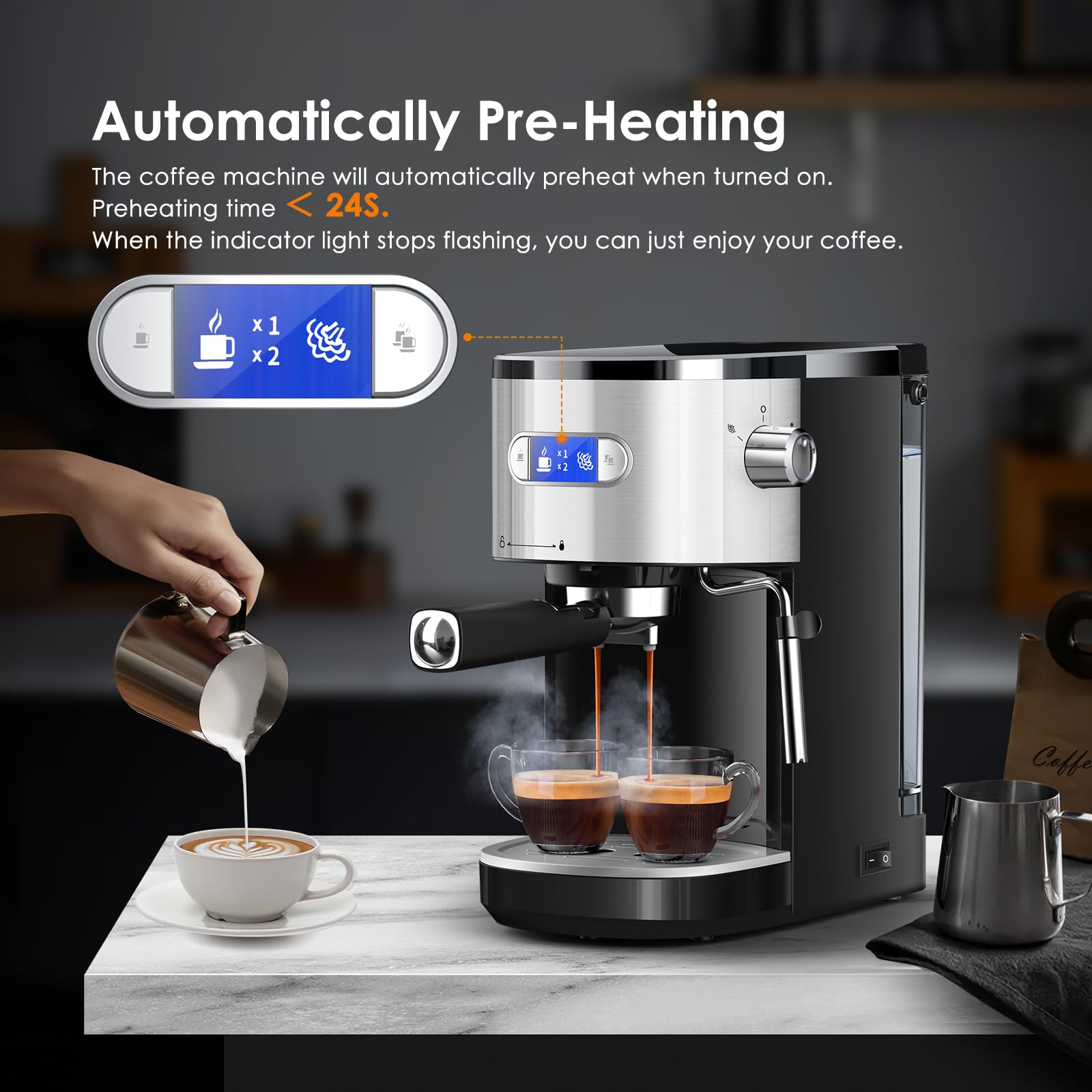 COWSAR 20 Bar Semi-Automatic Espresso Machine with Milk Frother Steam Wand, 45OZ Removable Water Tank - Perfect for Making Cappuccino, Latte, and Espresso at Home or Office