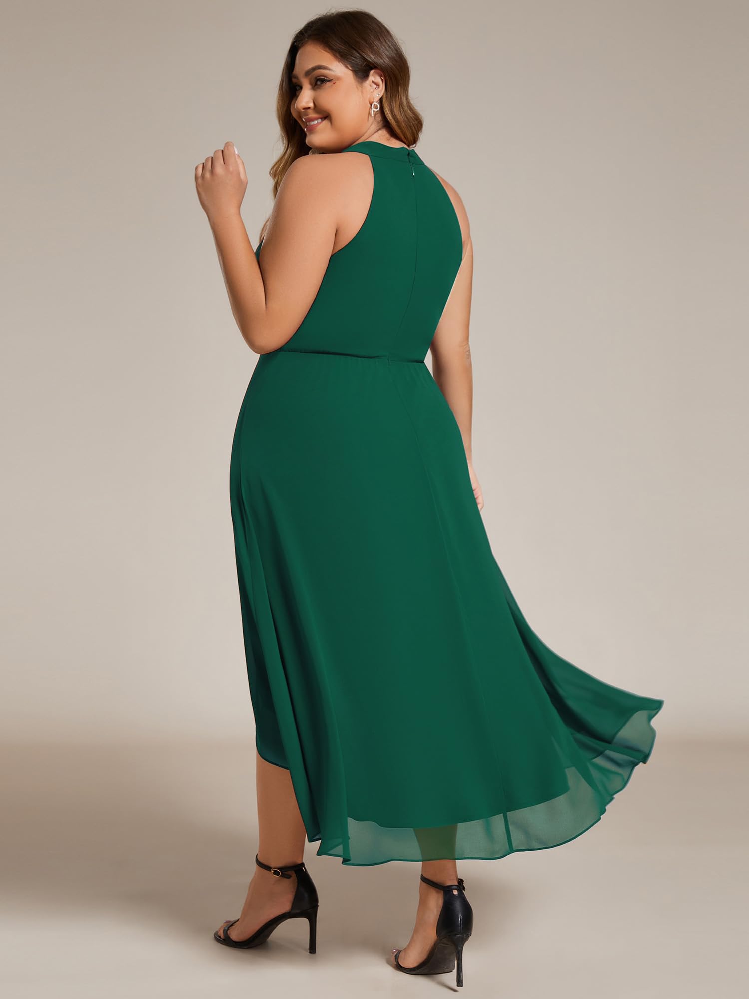 Ever-Pretty Plus Size Women's Sleeveless Halter A-Line Pleated High-Low Wedding Guest Dress 31926-DA | Elegant Formal Occasion & Special Event Attire