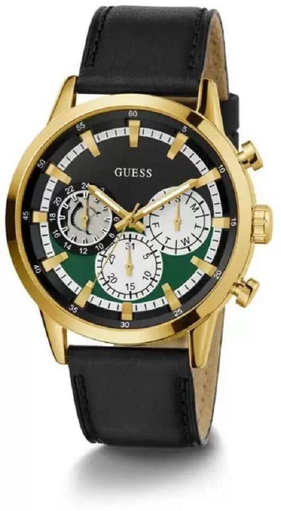 GUESS Men's 44mm Black Strap Watch with Black-Green Dial & Gold-Tone Case - Perfect for Business, Casual & Formal Occasions