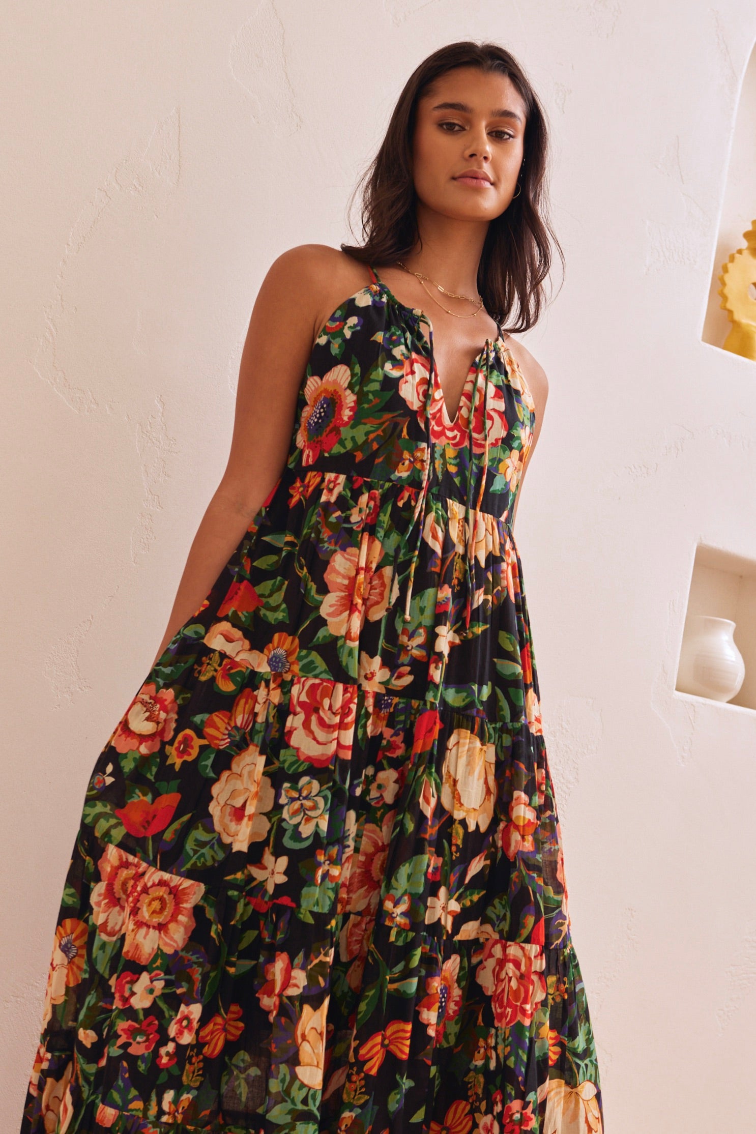 Elegant Black Floral Print Cotton Strappy Tiered Maxi Dress for Women - Perfect for Summer Vacations, Beach Parties & Date Nights