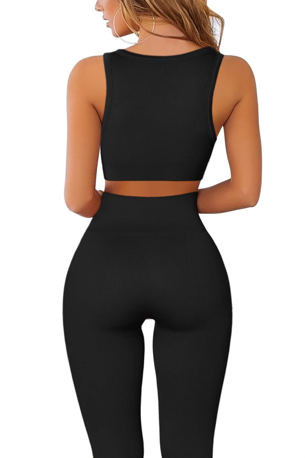 QINSEN Women's 2-Piece Ribbed Seamless Workout Set - Crop Tank Top & High Waist Yoga Leggings | Gym, Yoga, Running & Lounge Wear