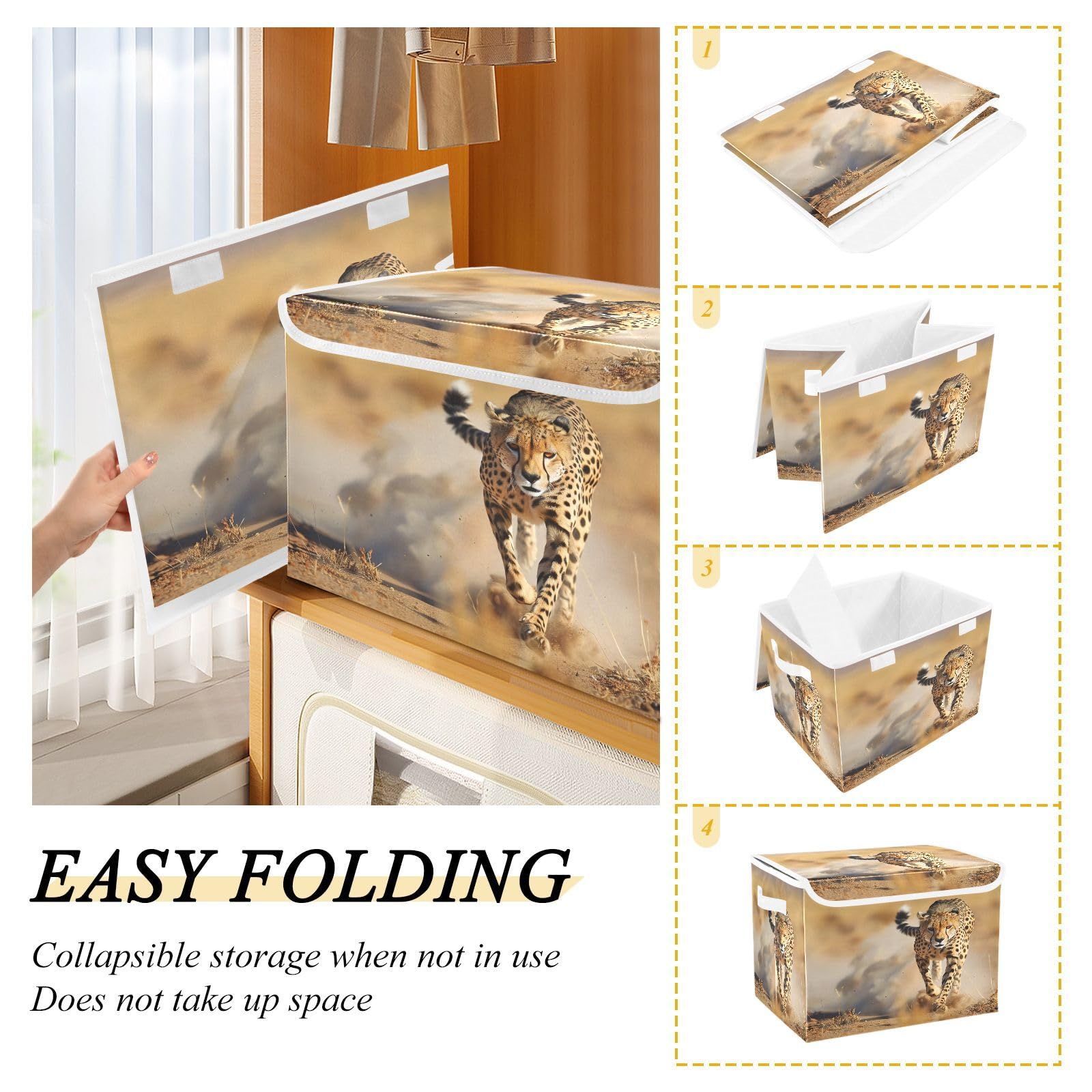Cheetah Print Foldable Storage Bins with Lids - Collapsible Fabric Containers & Organizer Baskets for Bedroom, Closet, Office & Home Organization | Perfect for Clothes, Toys & Seasonal Storage