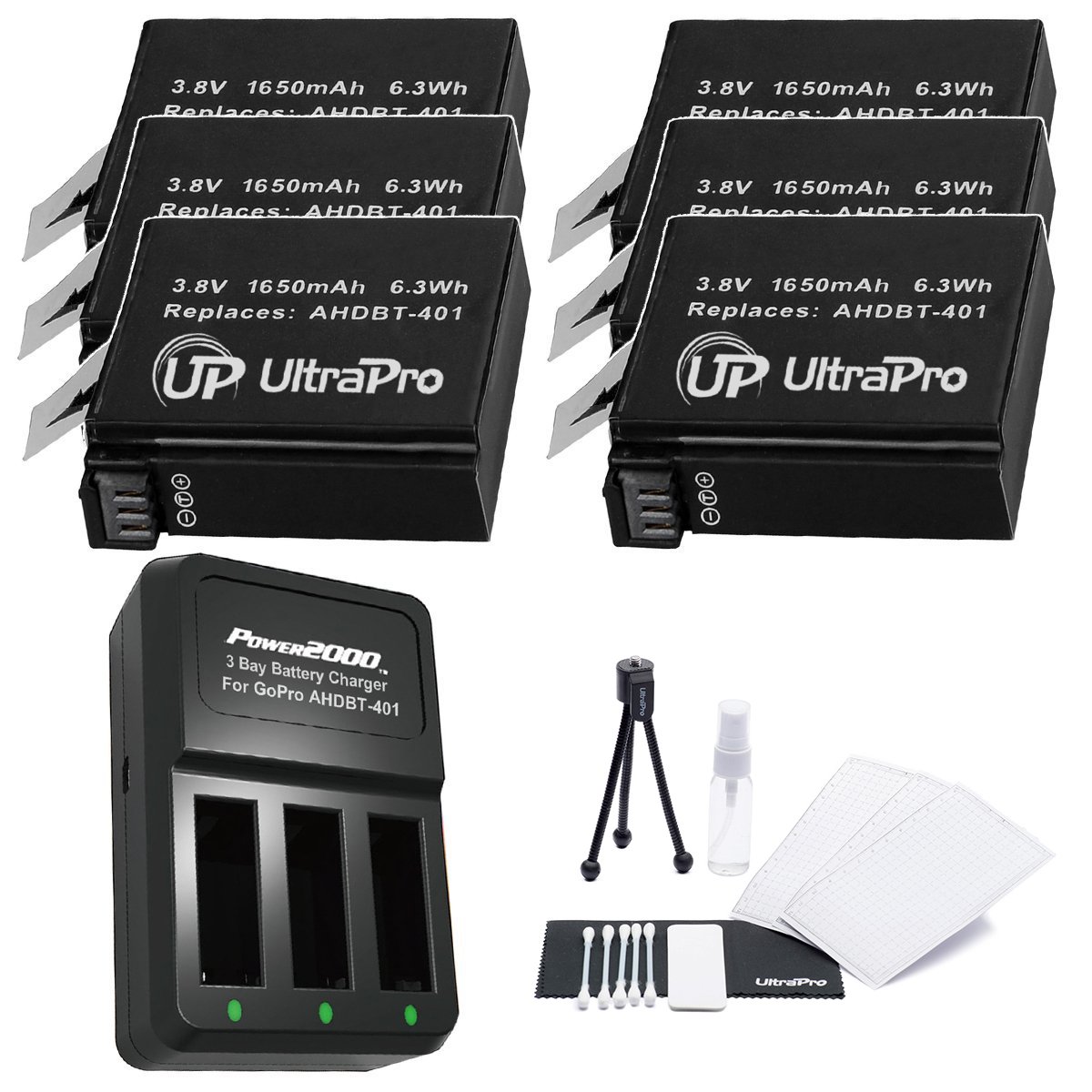 6-Pack AHDBT-401 High-Capacity Replacement Batteries with Fast 3-Channel Charger for GoPro Hero4 - Includes Camera Cleaning Kit, Screen Protector & Mini Tripod | Perfect for Travel, Vlogging & Outdoor Adventures