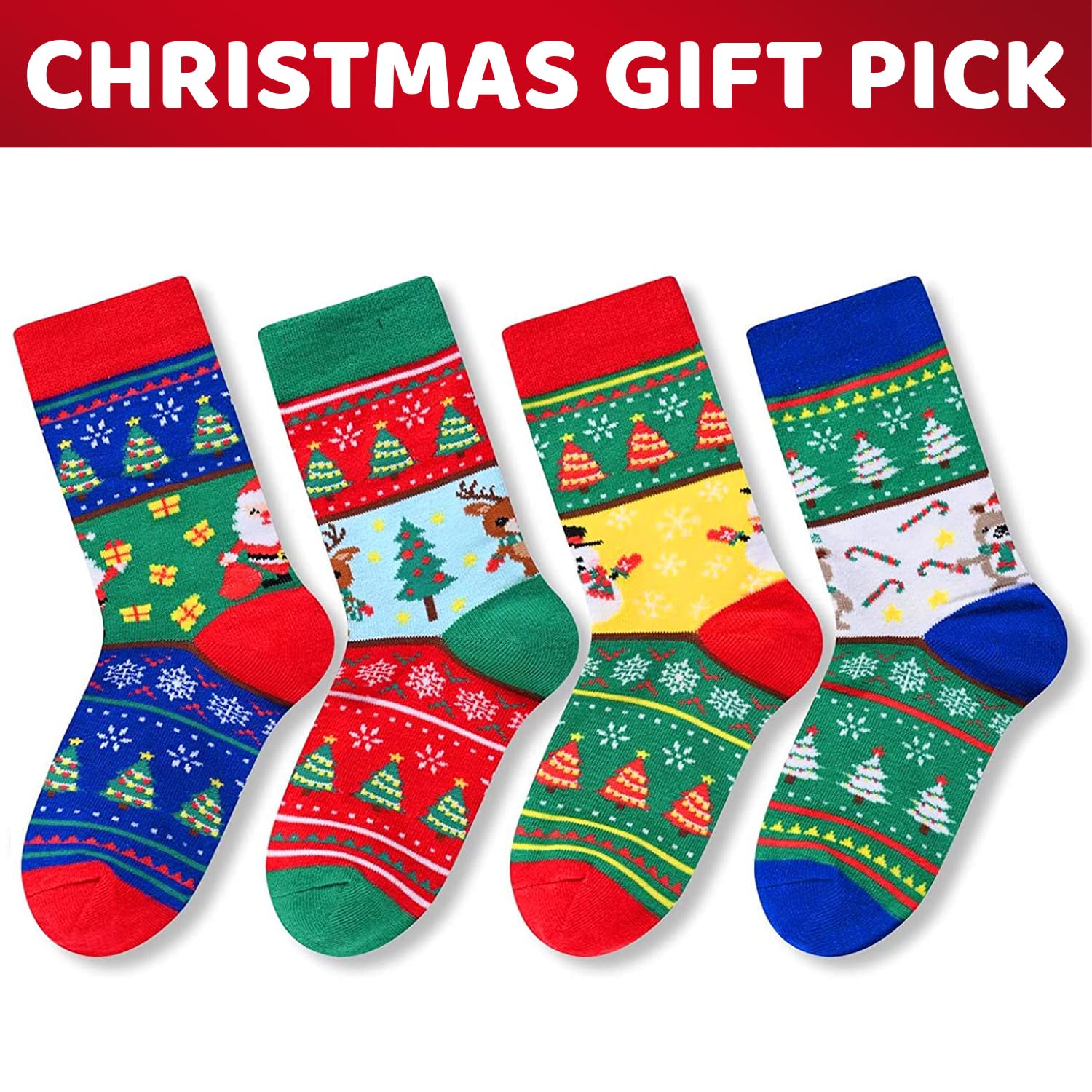 HappyPop Christmas Stocking Socks for Kids & Adults - 4 Pack Holiday Novelty Socks for Women, Men, Boys & Girls | Perfect for Xmas Gifts, Stocking Stuffers & Winter Party Favors