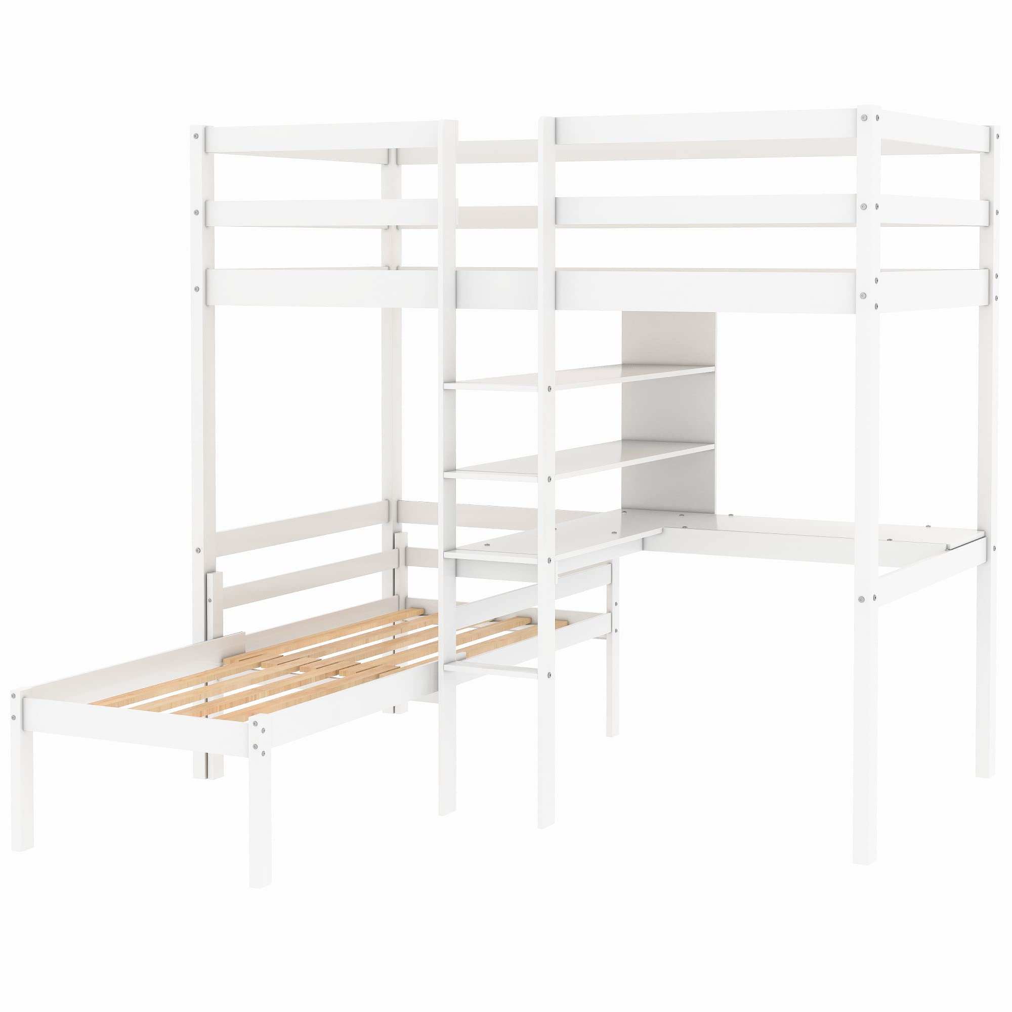 Harper & Bright Designs White Twin Loft Bed with L-Shaped Desk & Shelves - Convertible Bunk Bed Frame with Ladder - Space Saving Kids Bedroom Furniture for Small Rooms & Dorm Rooms