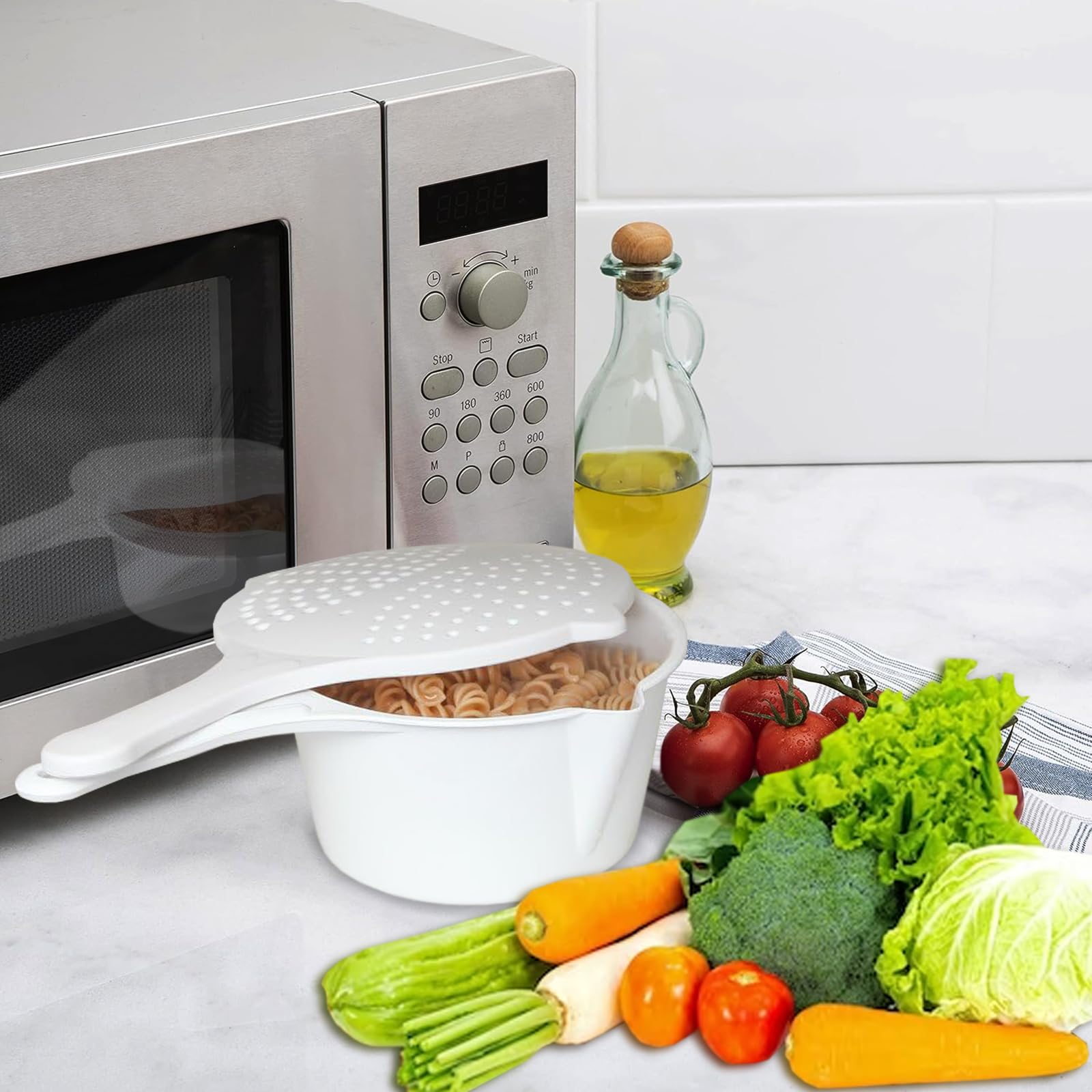 Home-X Microwave Cooking Pot with Strainer Lid - BPA-Free Microwave Steamer for Vegetables, Pasta & Macaroni | Perforated Lid & Pouring Spout for Easy Cooking | Perfect for Quick Meals, Healthy Eating & Meal Prep