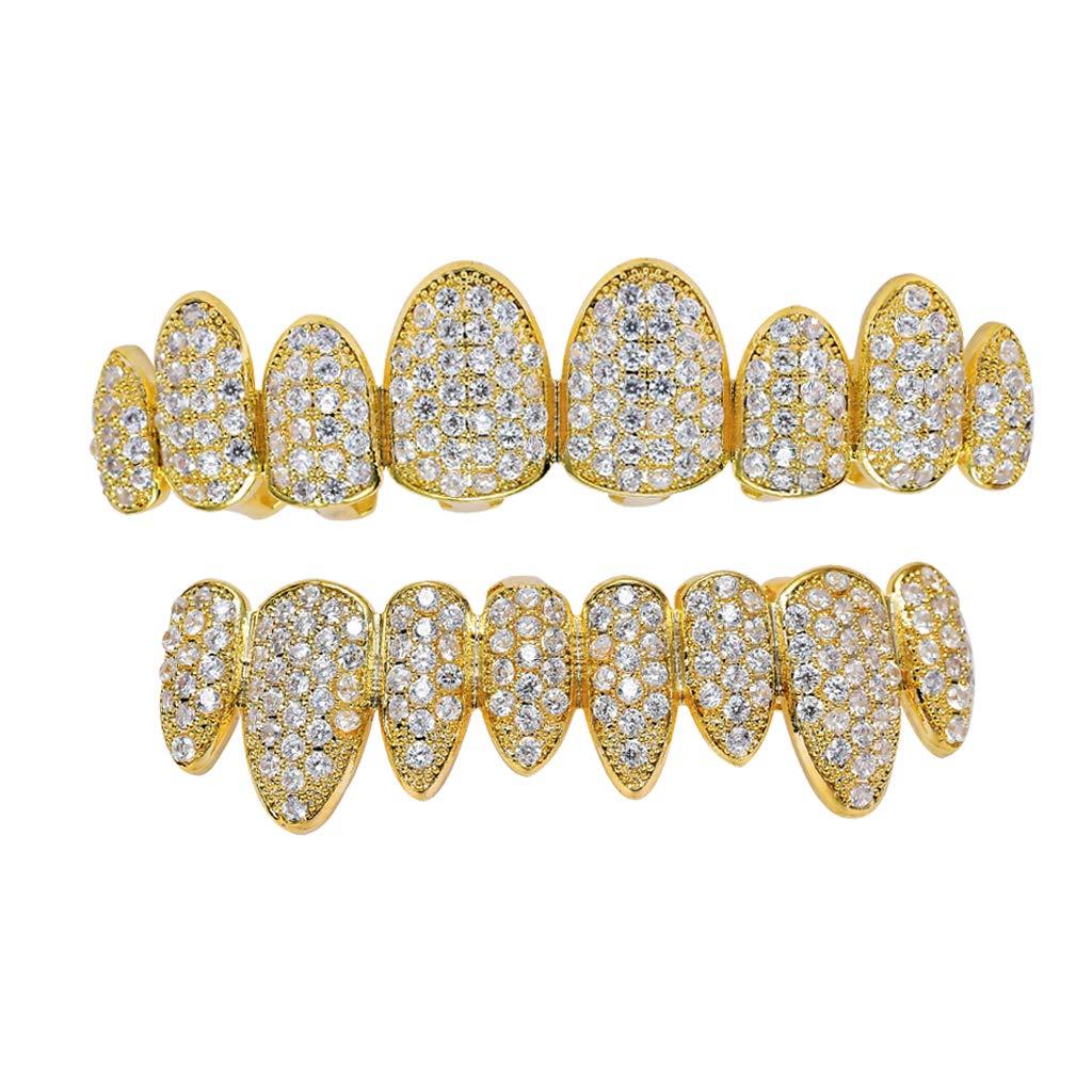 24K Gold Plated CZ Diamond Grillz Set - Top & Bottom Teeth Grills with Macro Pave Design | Includes Extra Molding Bars, Storage Case & Microfiber Cloth | Perfect for Hip Hop Fashion, Parties & Special Events