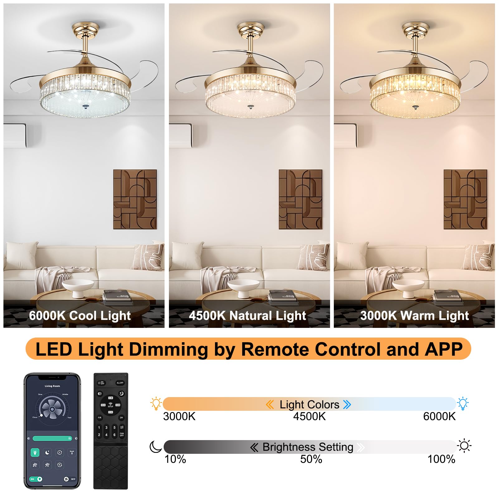 Ohniyou 42 Inch Retractable Ceiling Fan with Lights Remote Control, Crystal Chandelier Ceiling Light Fixture, Dimmable Fandelier for Bedroom Living Room Dining Room Indoor Use (Gold) - Perfect for Home Cooling and Stylish Lighting Decor