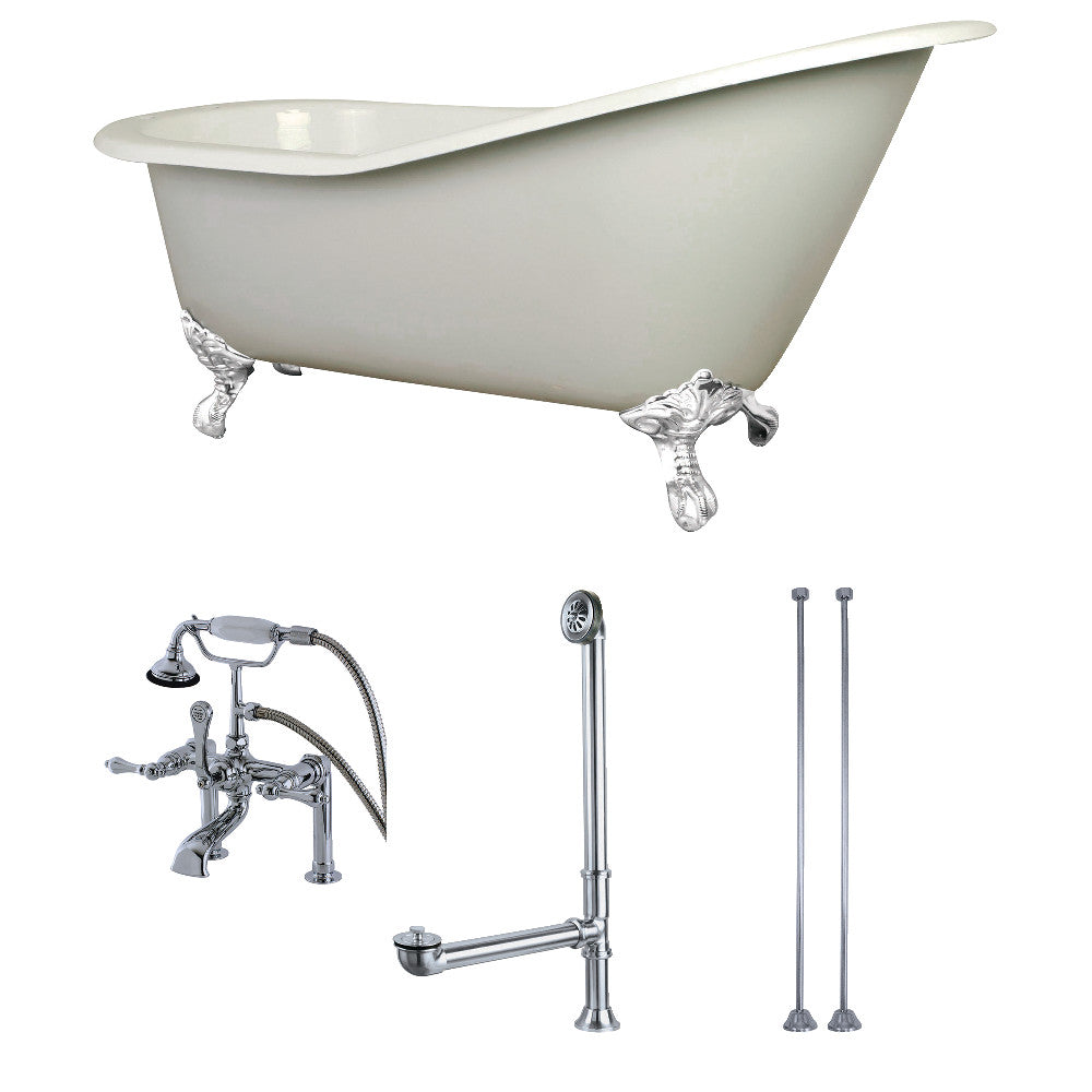 62 Inch Cast Iron Single Slipper Clawfoot Bathtub with Faucet and Supply Lines - Vintage Freestanding Soaking Tub for Bathroom Remodel & Luxury Spa Experience