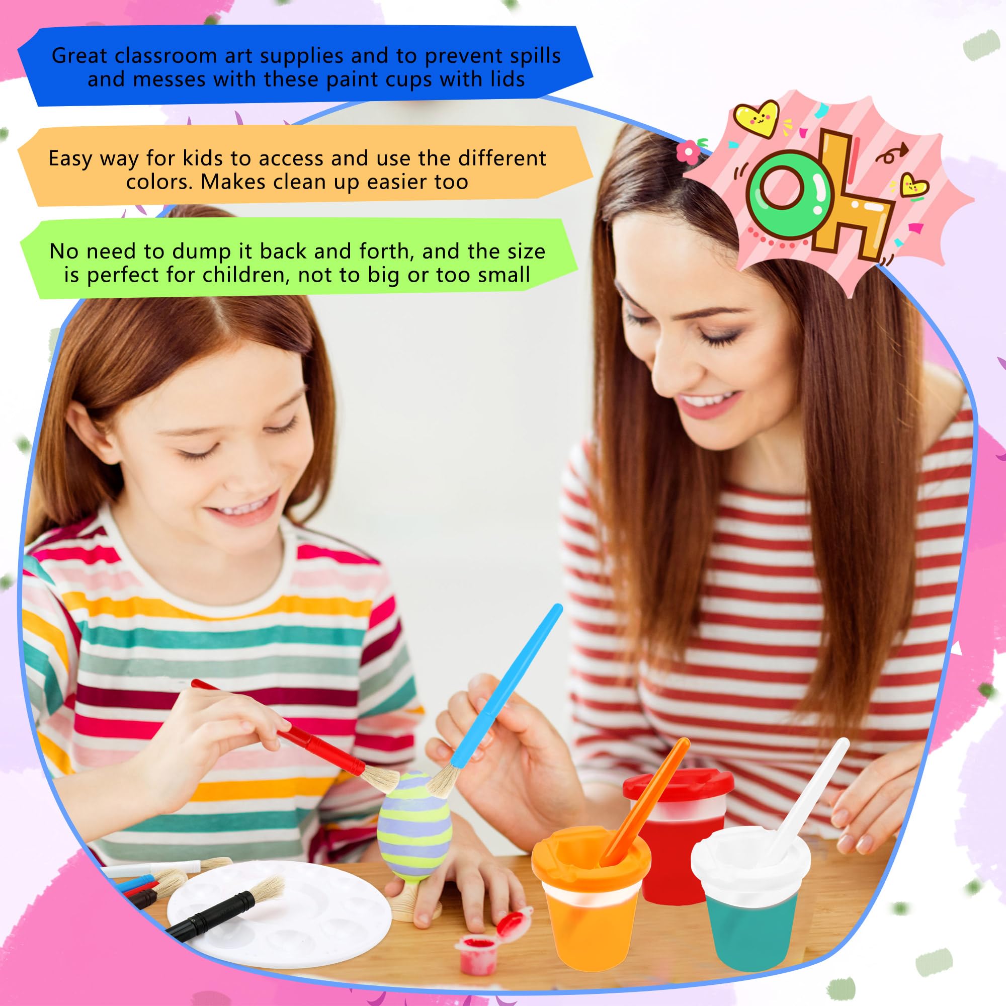 48 Pcs Kids Paint Cups with Lids - 24 No Spill Paint Containers & 24 Toddler Paint Brushes for Preschool Art Supplies, Classroom Furniture - Perfect for DIY Crafts, Home & School Painting Activities