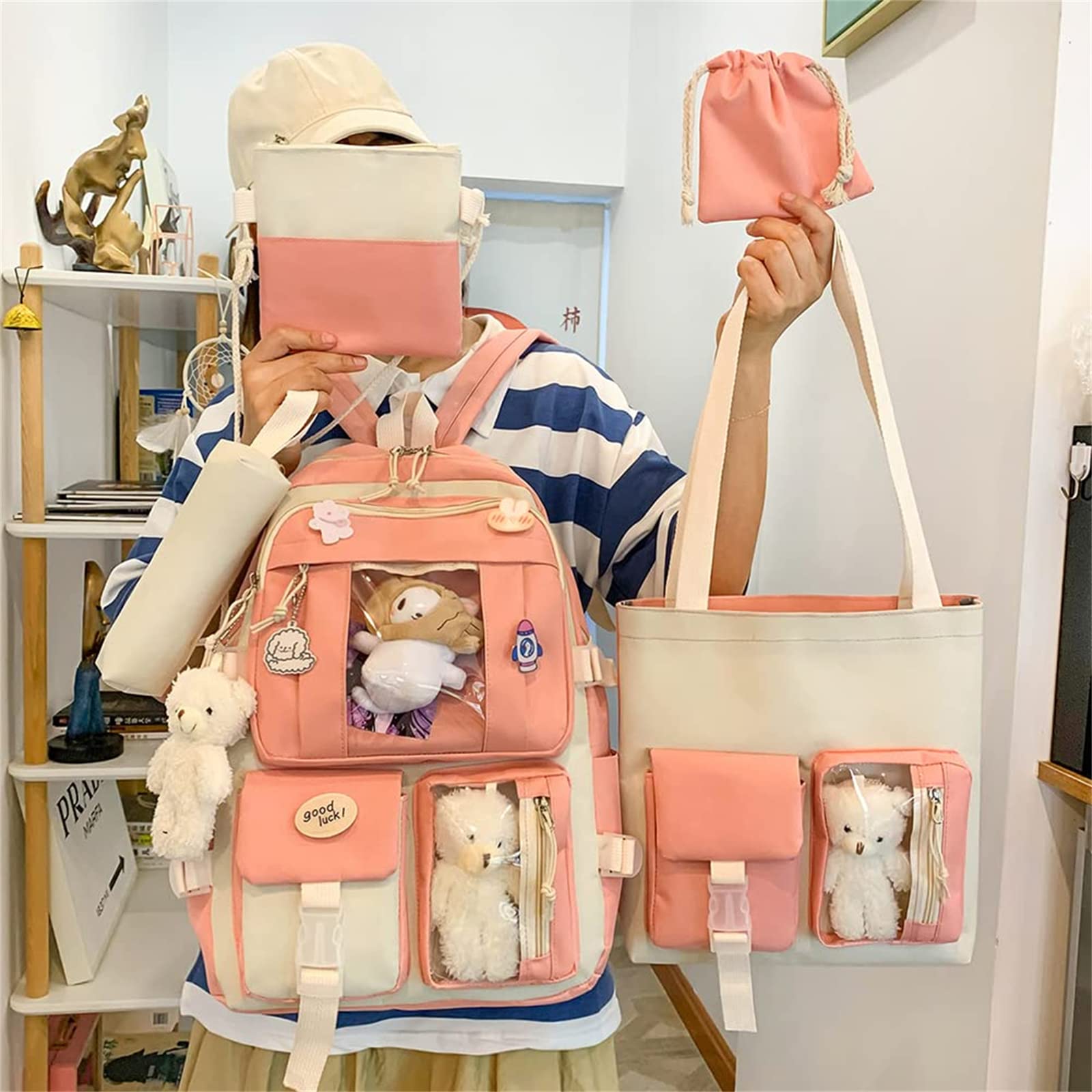 KAWAII Backpack Set - 5 Pcs Cute Aesthetic School Backpack with Bookbag for Girls, Teens & College Students | Perfect for School, Travel & Everyday Use