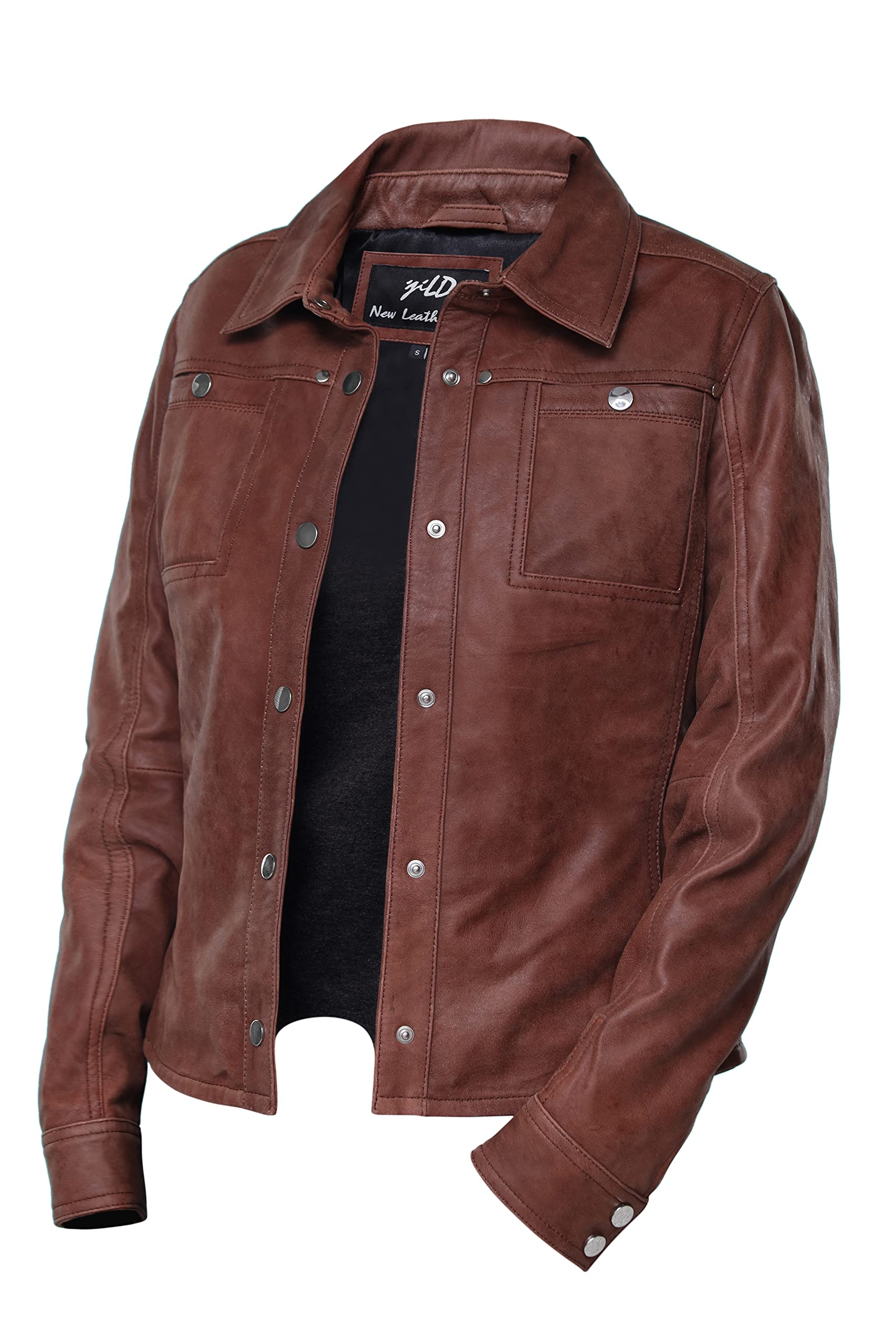 Jild Women's Button Front Lambskin Leather Jacket Shacket - Casual Long Sleeve Shirt Jacket with Bust Pocket | Perfect for Fall Layering, Date Nights & Office Wear