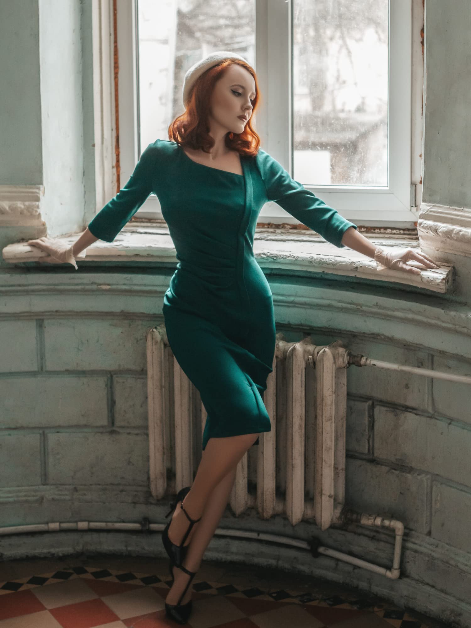 AISIZE Women's Retro V-Neck Wrap Dress - Stretchy Bodycon Business Dress for Office, Cocktail Party & Formal Occasions | Classy Work Dress with Flattering Fit