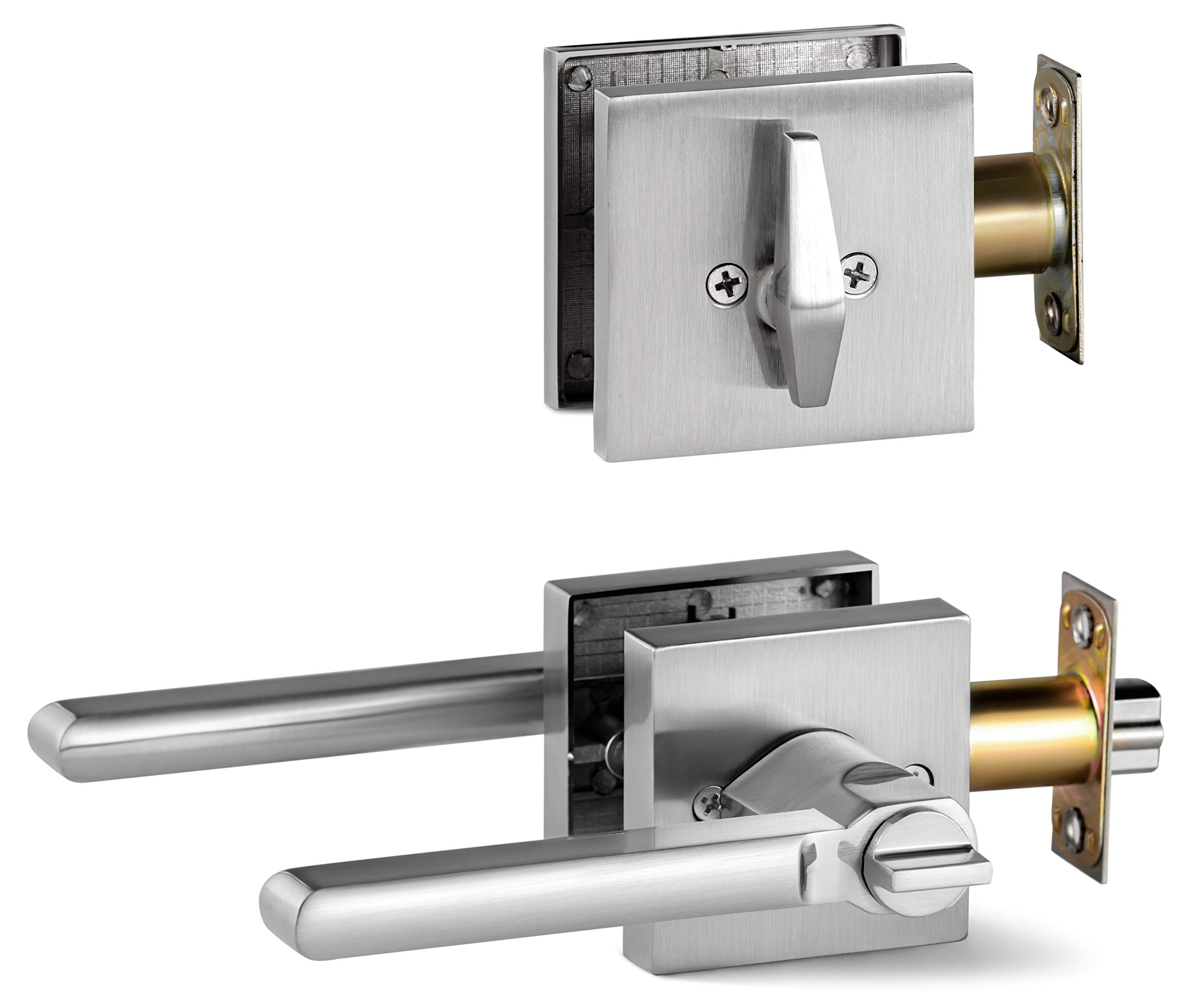 Berlin Modisch Modern Square Entry Lever Door Handle with Single Cylinder Deadbolt Lock Set - Heavy Duty Satin Nickel Finish for Front Doors, Office & Interior Doors (Right/Left Handed) - Secure & Stylish Home & Business Access Solution
