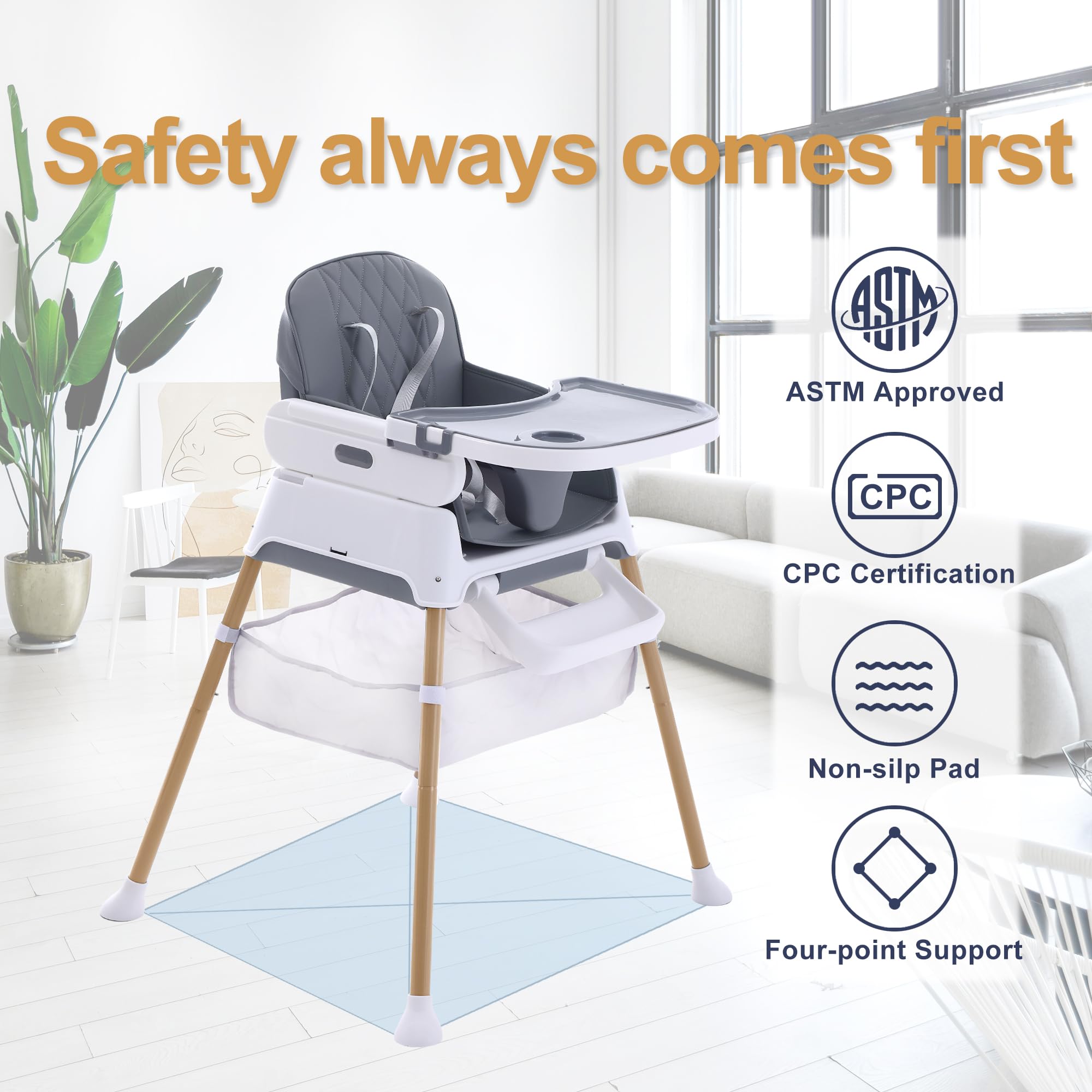 **3-in-1 Convertible Baby High Chair for Infants & Toddlers – Adjustable Compact Feeding Chair with Tray (Light Gray) – Perfect for Home, Dining, and Travel**