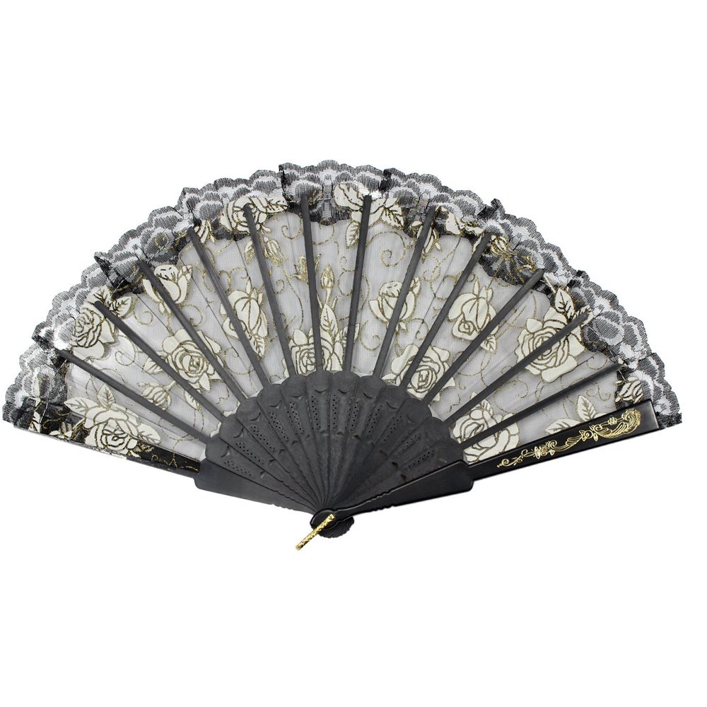 Elegant Black Lace Flowers Design Plastic Folding Handheld Fan - Portable Cooling Fan for Outdoor, Wedding, Party & Summer Use