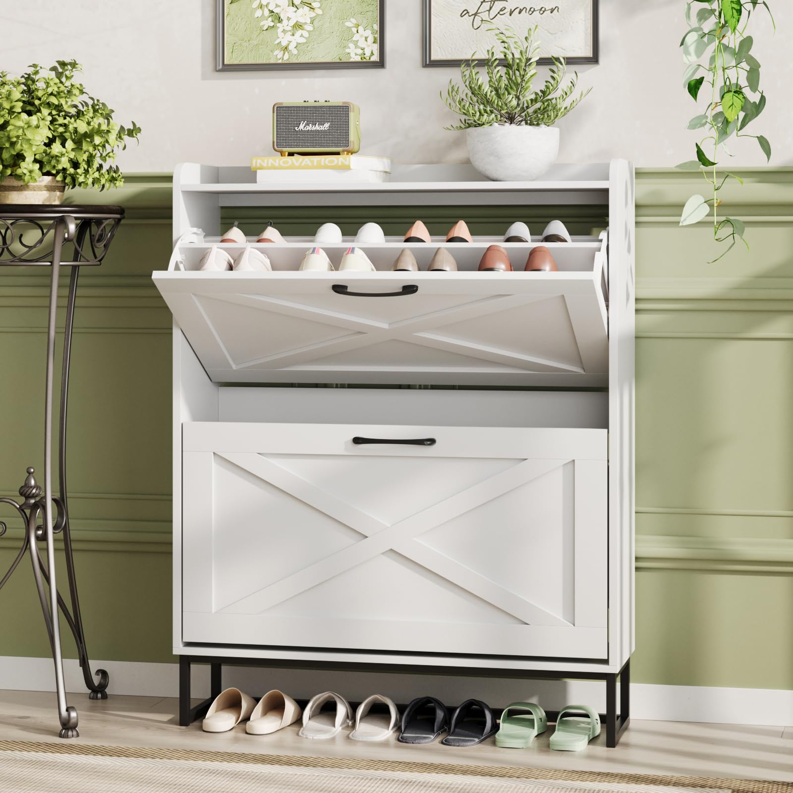 Maupvit 2-Tier Flip-Drawer Shoe Storage Cabinet with Metal Legs - Freestanding Entryway Shoe Organizer, Narrow Shoe Rack for Hallway, Living Room & Bedroom (White) - Perfect for Small Spaces & Apartment Entryways