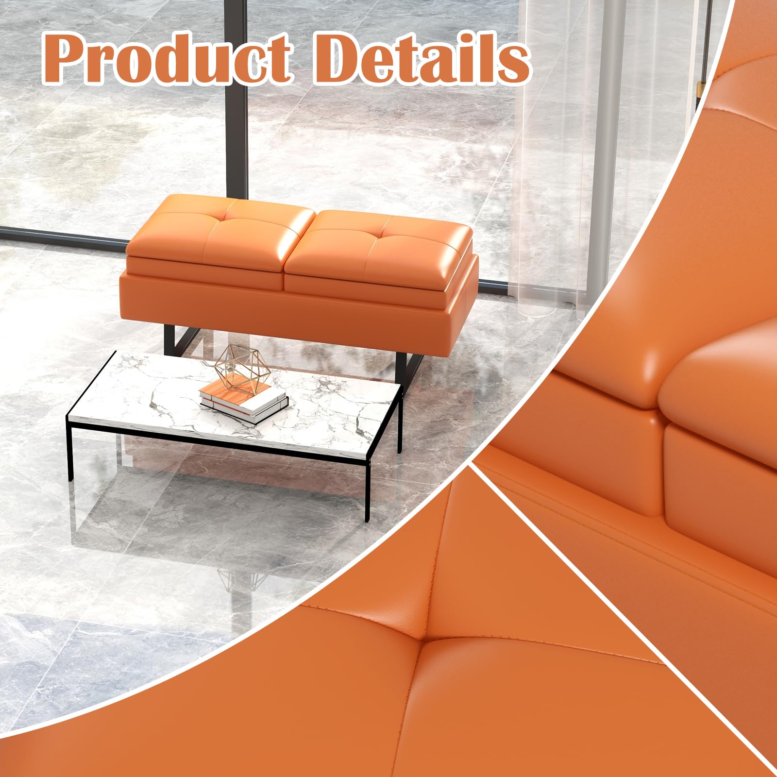 Kinfant 2-Seat Upholstered Reception Bench with Thickened Cushion - PU Leather Office Guest Chairs, Living Room Bench & Lobby Furniture for Salon, Shop & Waiting Area (Orange)