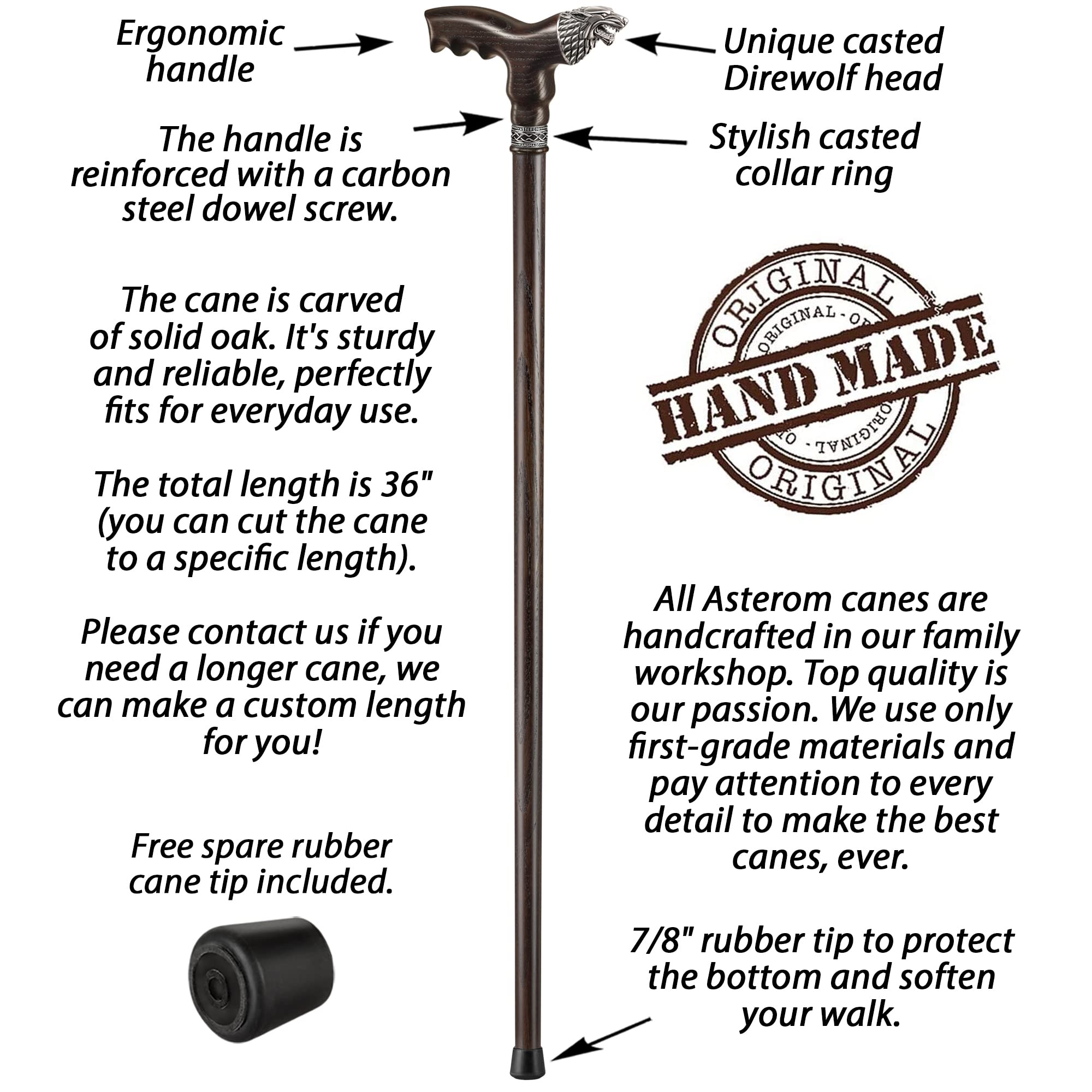 Handmade Wooden Walking Cane with Wolf Head Design - Elegant Walking Stick for Men & Women - Perfect for Hiking, Fashion Accessory, and Elderly Support