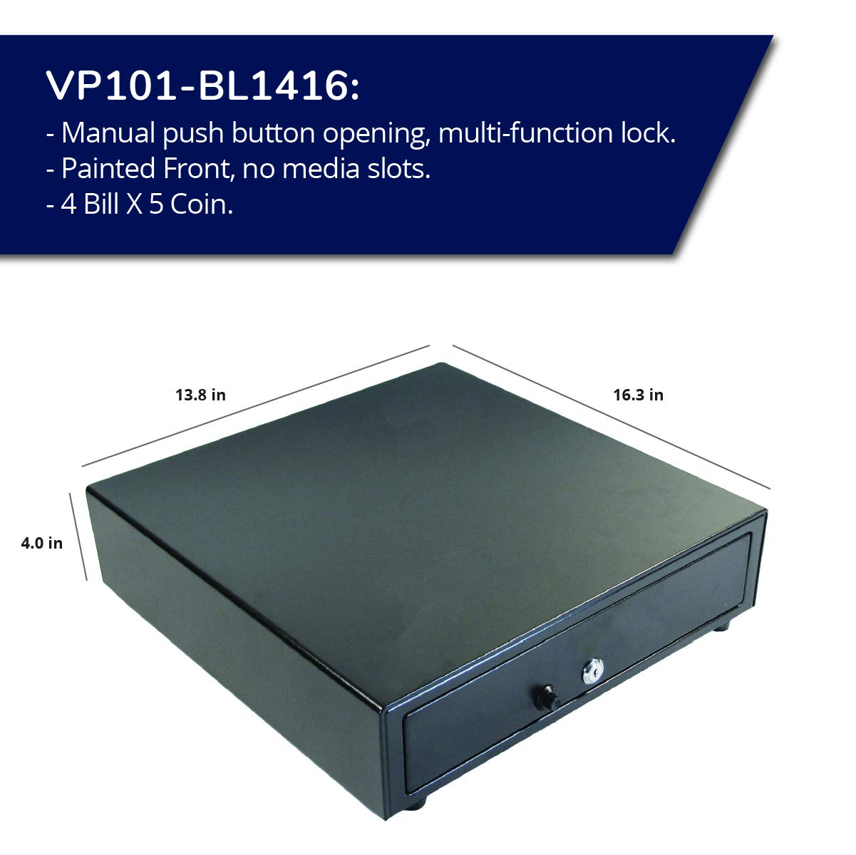 APG VP101-BL1416 Manual Black 14 x 16 Vasario Series Cash Drawer - Perfect for Retail Stores, Restaurants & Small Businesses