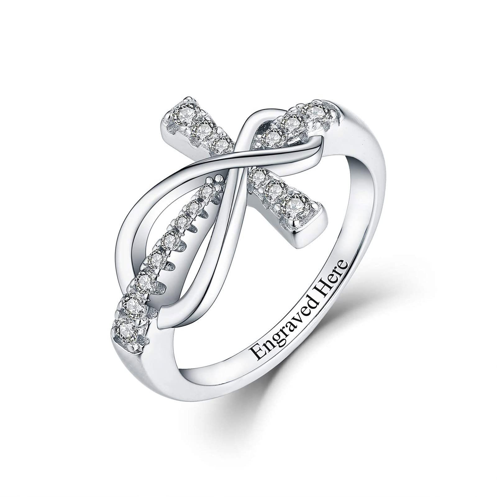 Personalized Promise Ring for Women - Sterling Silver Engraved Name Ring with 2 Birthstones & Cross Charm - Customizable Jewelry Gift for Her (01 Silver) | Perfect for Anniversaries, Engagements & Special Occasions