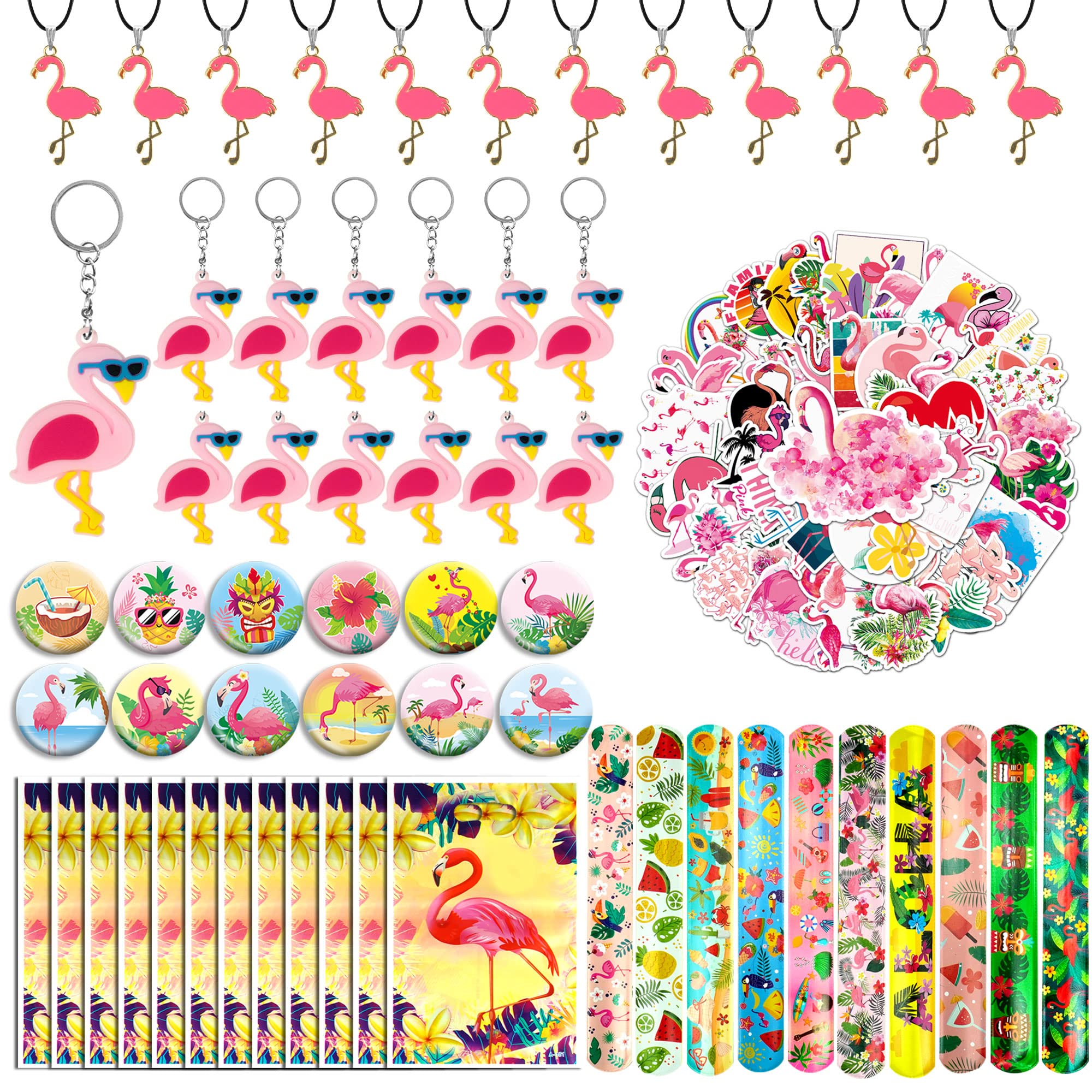 110 PCS Pink Flamingo Party Favors Set - Includes Keychains, Stickers, Slap Bracelets & Goodie Bags - Perfect for Flamingo Themed Birthday Parties, Hawaiian Luau, Pool Parties & Summer Celebrations