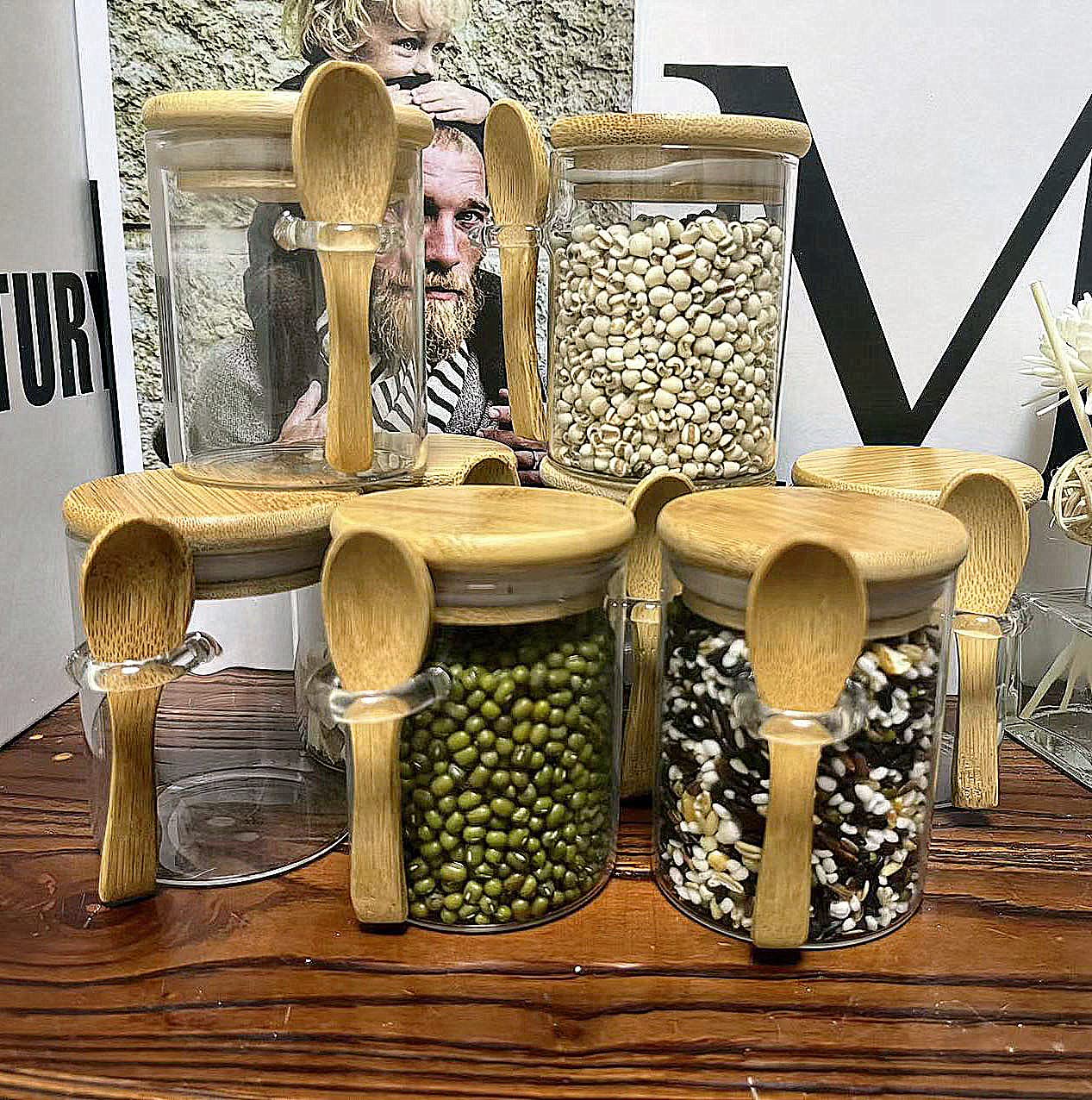 7.6 oz Airtight Mini Glass Jars with Bamboo Lids & Spoons - 8-Piece Set for Spices, Herbs, Tea, Sugar, Salt | Perfect for Kitchen Storage, Bathroom Organization & Home Decor | Ideal for DIY Gifts, Wedding Favors and Craft Supplies