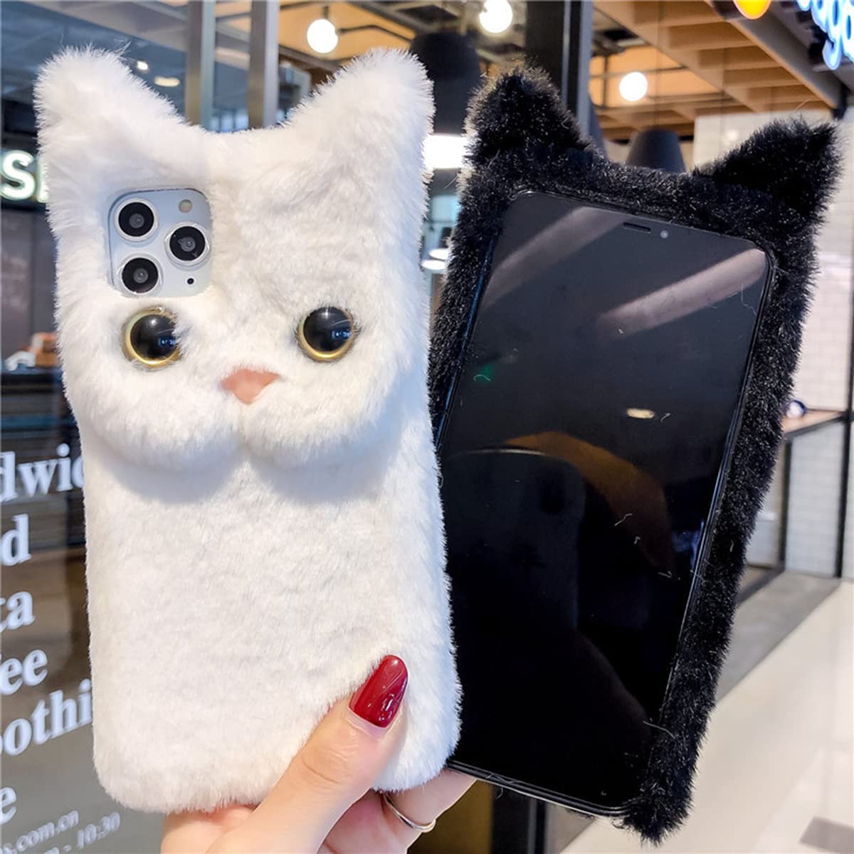 Cute Cat Phone Case for iPhone 12 Pro Max - Warm Winter Fluffy Furry Plush Protective Cover with Soft TPU Shockproof & Anti-Scratch Design (Black) - Perfect for Daily Use, Gifts & Cold Weather Protection