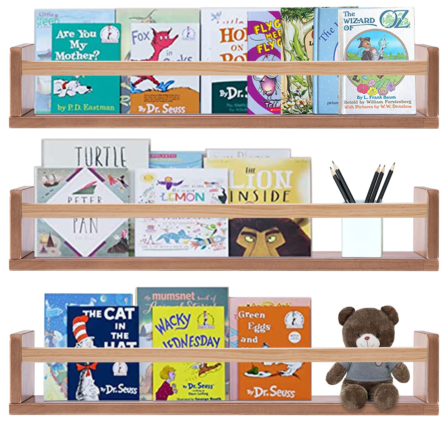 AZSKY Floating Wall Shelves Set of 3 - Light Walnut Wood Wall Mounted Display Shelves (24 Inch) for Nursery, Bedroom, Bathroom & Kitchen Storage - Perfect for Books, Decor & Organizing Small Spaces