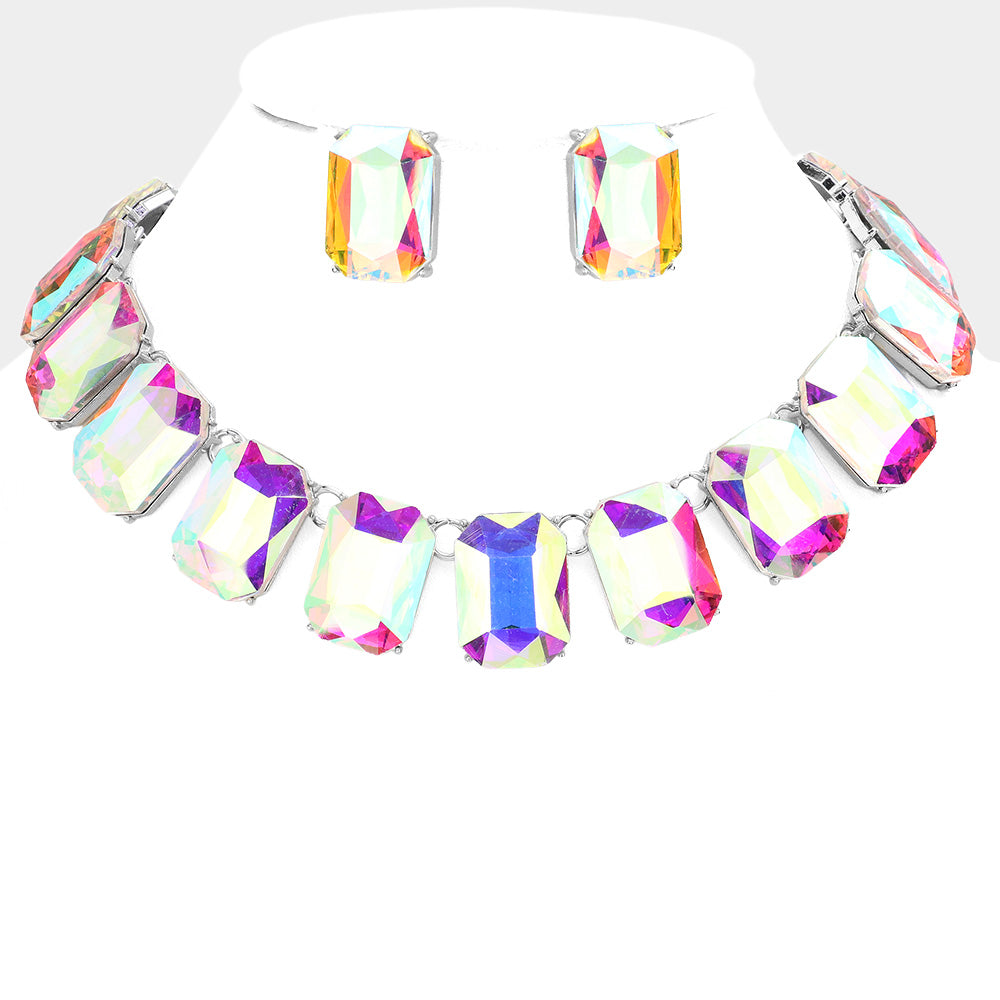 AB Crystal Emerald Cut Stone Link Statement Necklace for Women - Elegant Evening Party Jewelry for Homecoming, Prom, Wedding & Special Occasions