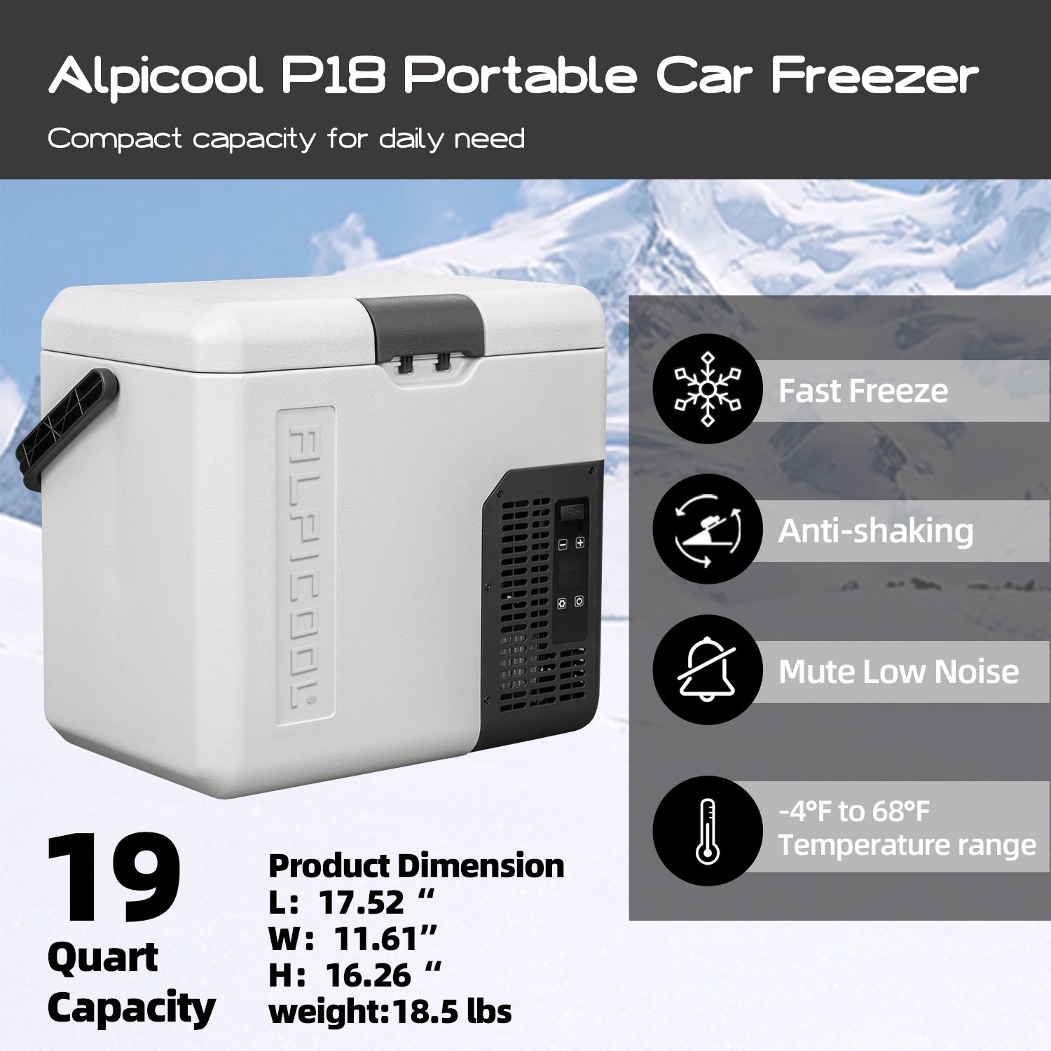 Alpicool P18 12V Portable Car Refrigerator Freezer - Compact Mini Fridge for Road Trips, Camping & Tailgating - 18 Quart Car Cooler with DC/AC Power for Vehicles, Trucks & RVs