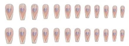 Valentine's Day Press on Nails - 24PCS Purple Peach Heart Pearl V-Shaped French False Nails with T-Shaped Design | Perfect for Date Night, Wedding, Anniversary & Special Occasions