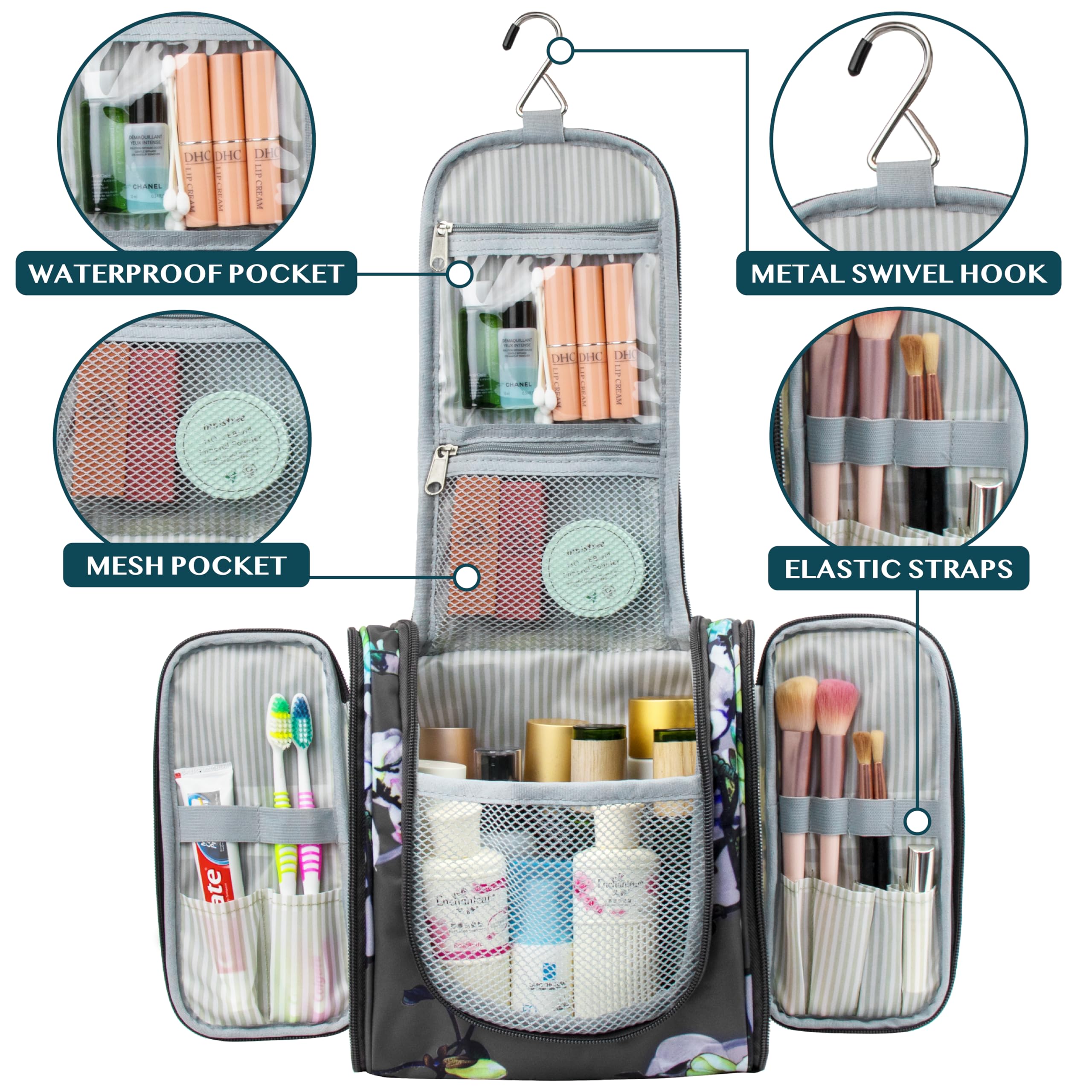 PAVILIA Hanging Toiletry Bag for Women & Men - Large Waterproof Travel Cosmetic Organizer with Multiple Pockets for Makeup, Accessories & Toiletries - Perfect for Vacation, Gym & Business Trips (Floral Grey)