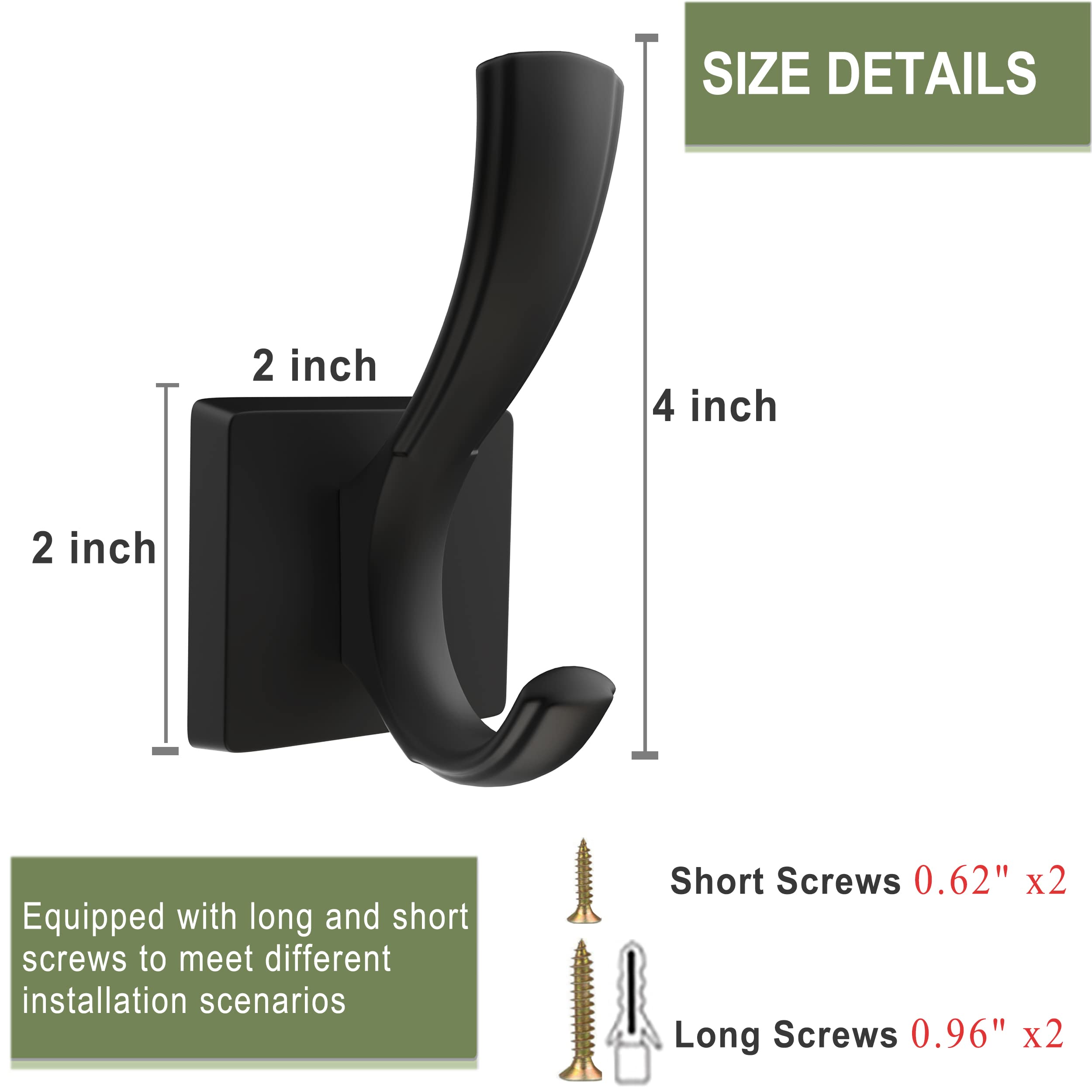 Black Wall Hooks 5-Pack - Towel, Coat & Backpack Hanger for Bathroom & Entryway