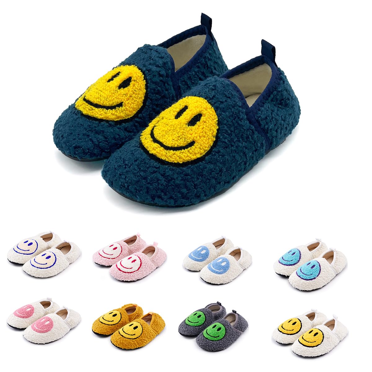 FUUPNN Retro Cute Smile Face Slippers for Toddler Boys & Girls - Soft Plush Fuzzy House Shoes with Non-Slip Memory Foam for Winter Warmth | Cozy Indoor/Outdoor Slippers for Kids' Bedroom, Playroom & Preschool