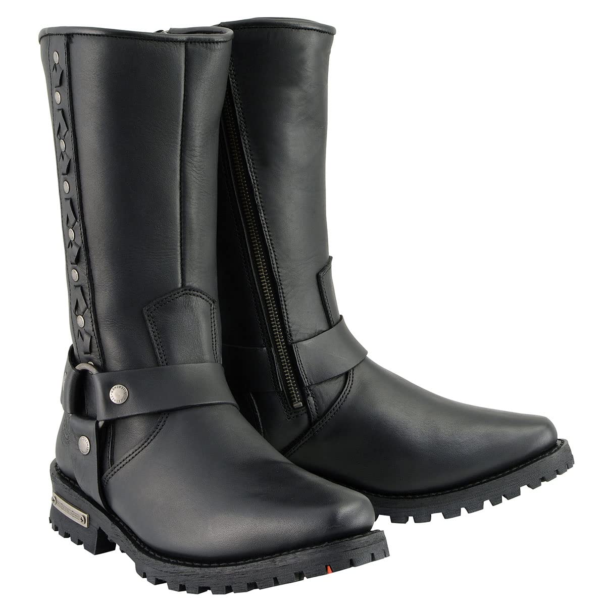 Milwaukee Leather MBM9025 Men's Black Leather Motorcycle Boots with Braid & Riveted Details - Durable Riding Boots for Harley Davidson & Cruiser Bikes